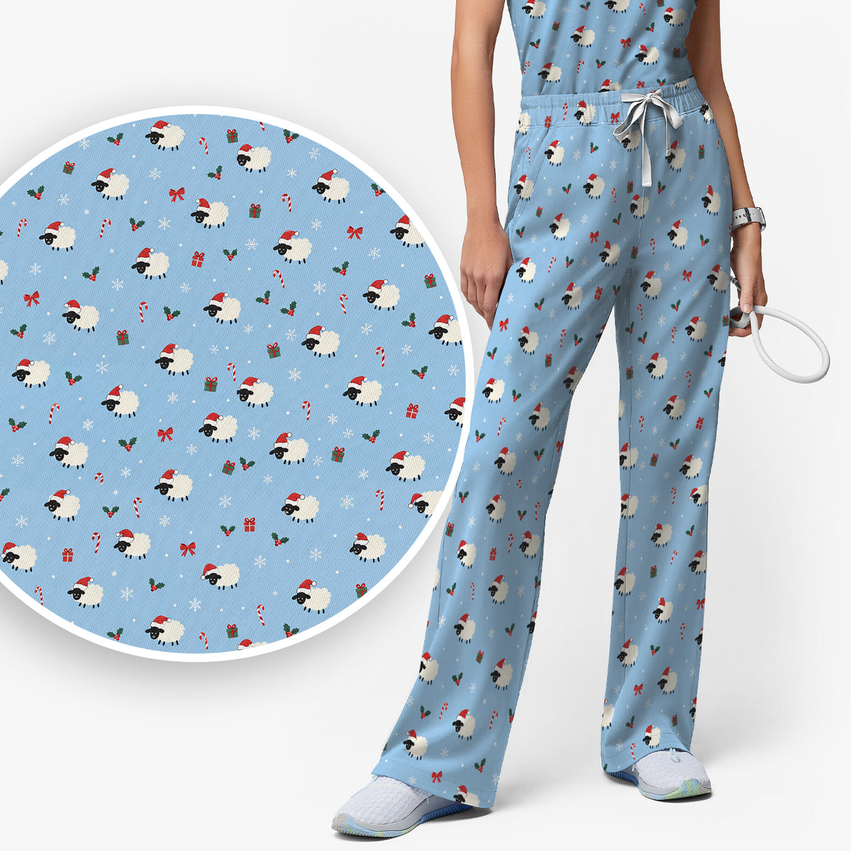 Cute Christmas Sheep Pattern Scrub Set, Scrub Pants and V Neck Top
