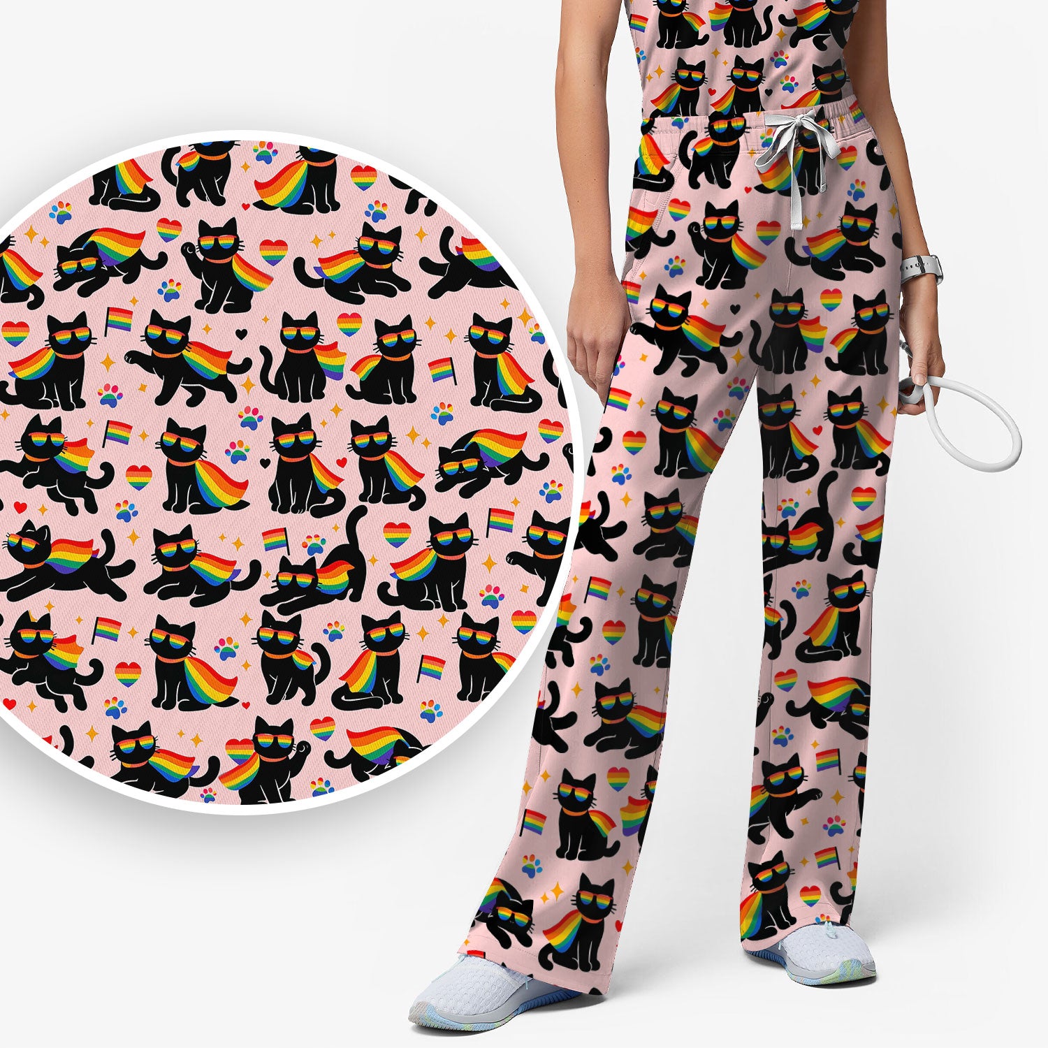 Rainbow Black Cat Pride Pattern Scrub Set, Breathable Med Uniform
