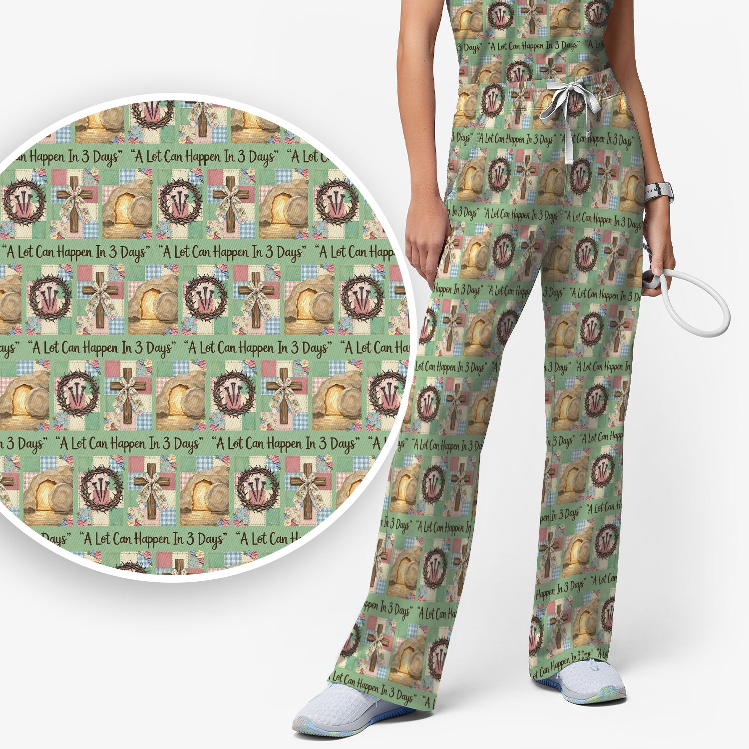 Christian Easter Cross Print Scrub Set, Scrub Pants and V Neck Top