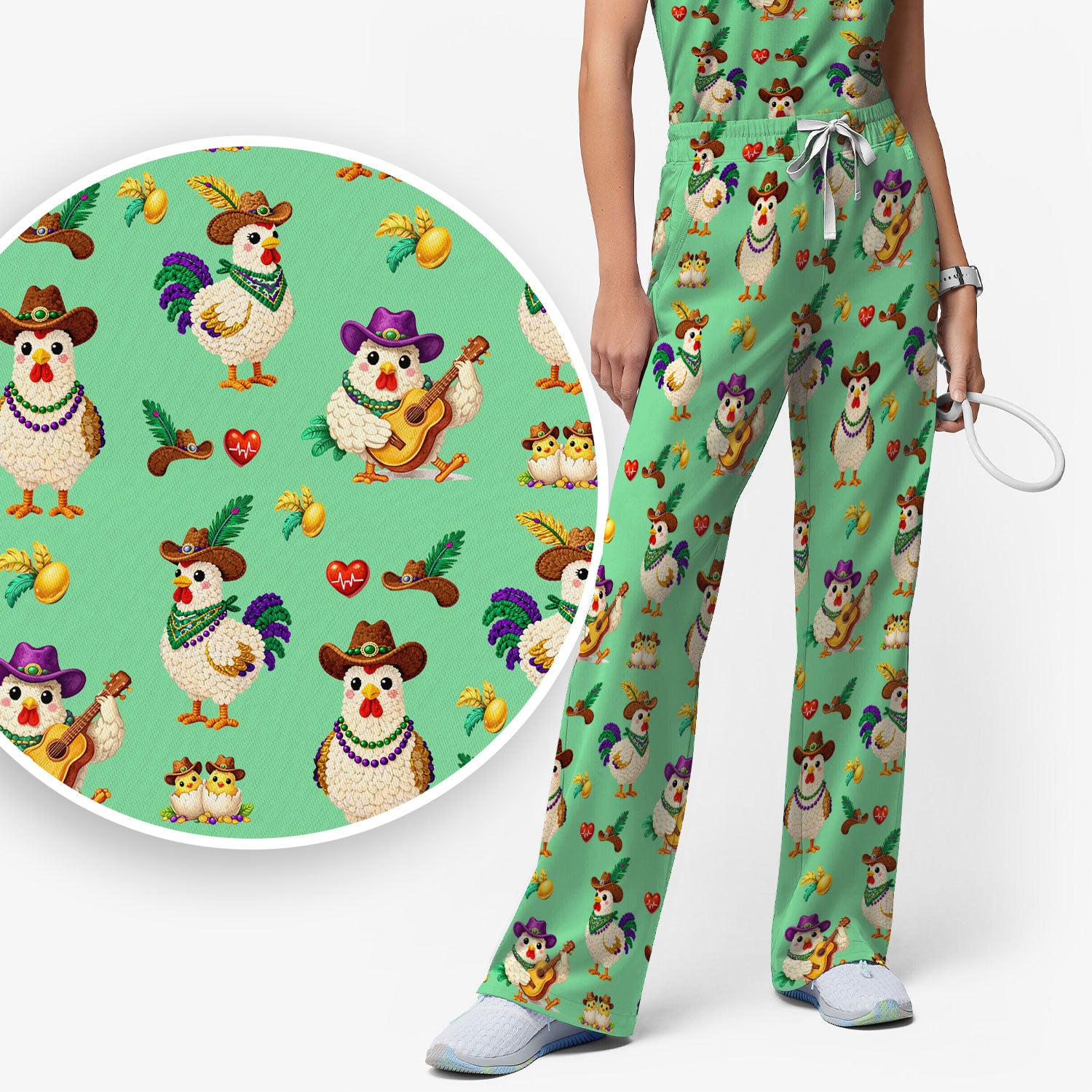 Funny Mardi Gras Rooster Cowboy Print Set, Women's Scrub Sets