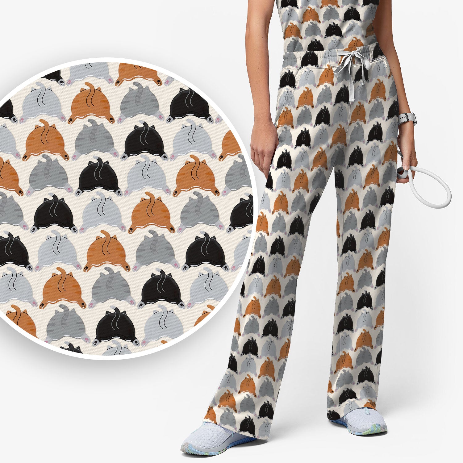 Playful Multicolor Cat Print Scrub Set, Breathable Med Uniform