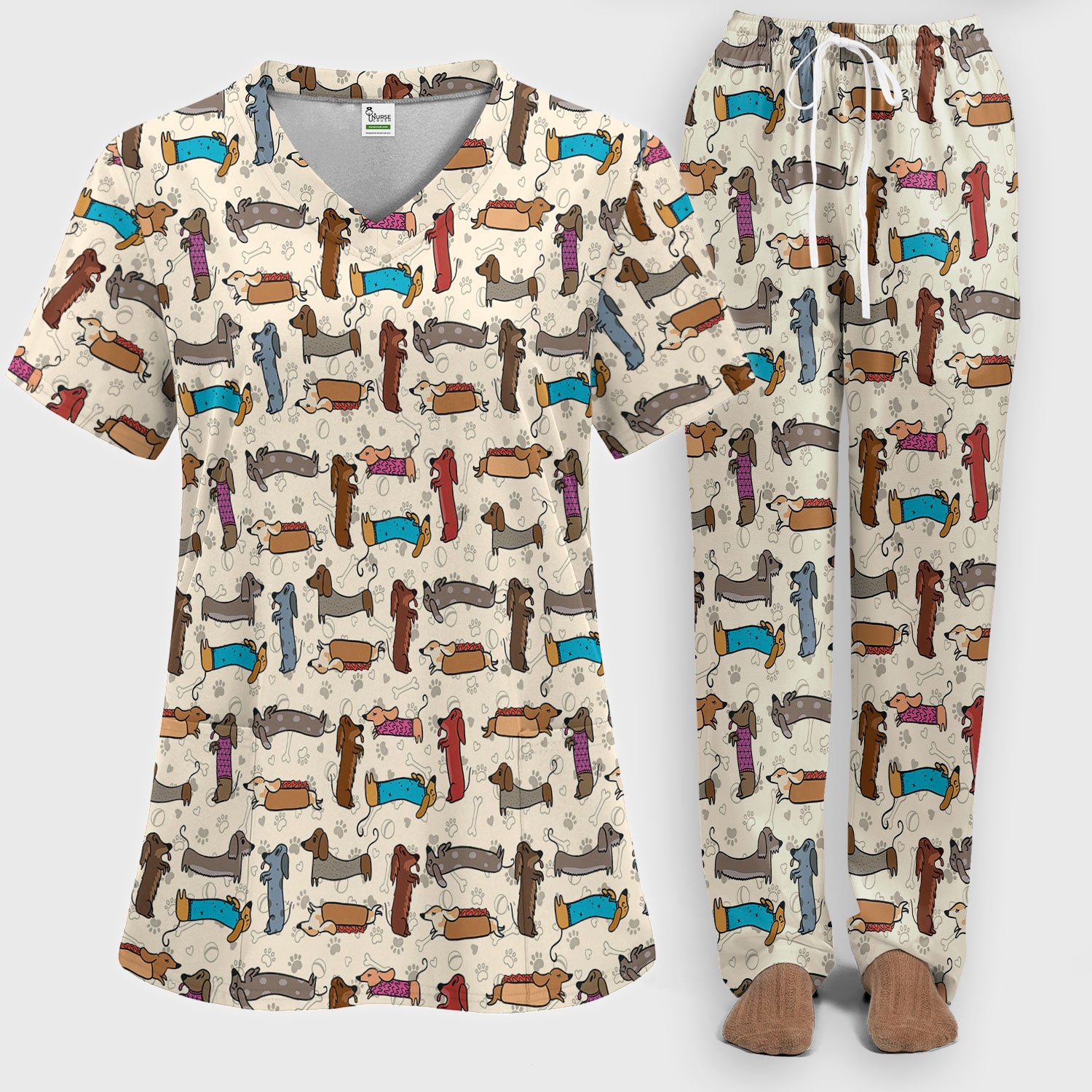 Cute Dachshund Women's Scrub Sets - Funny Sausage Dog Pattern Med Uniform - Nursing Gift for RN LPN CNA