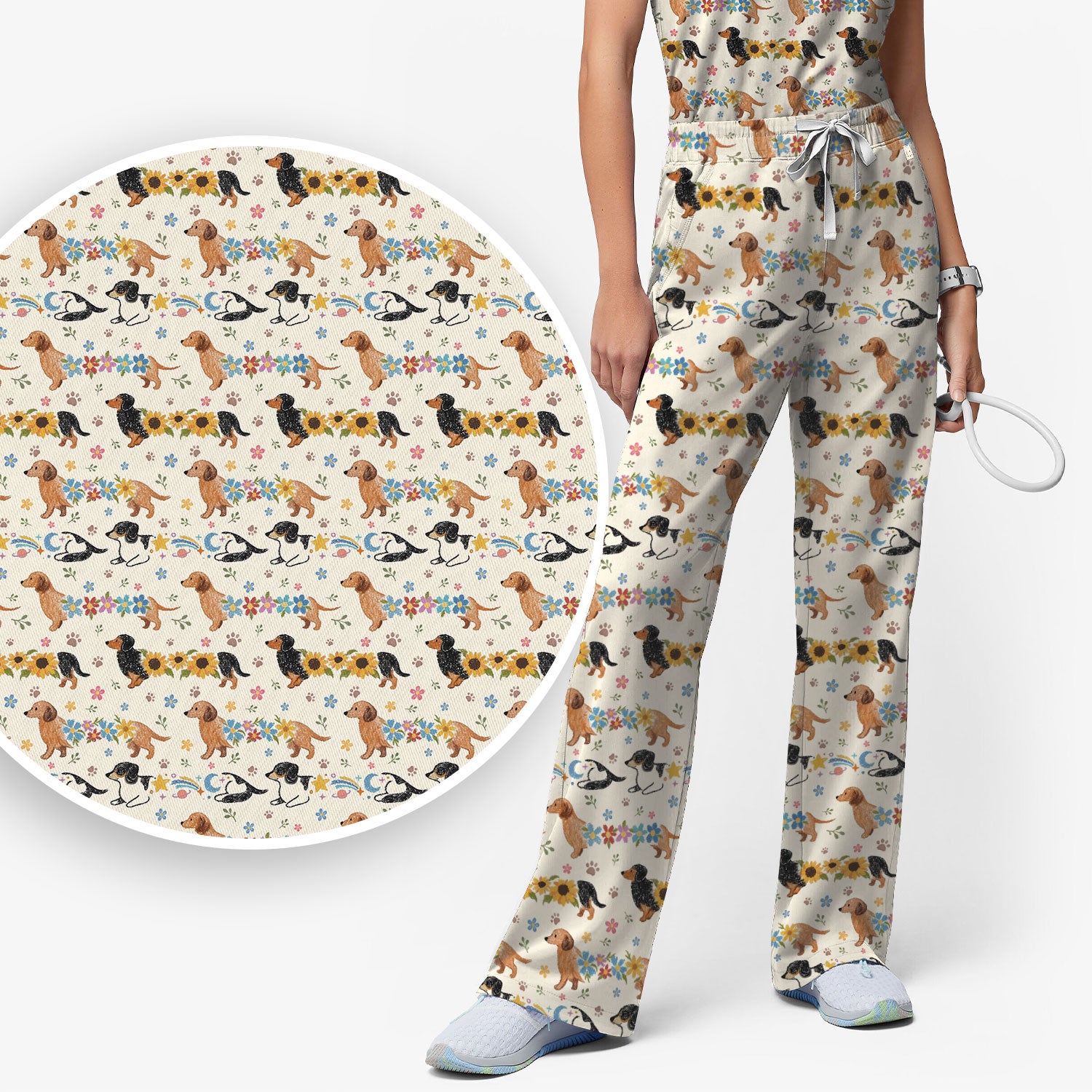 Floral Wiener Dog Pattern Scrub Set, Scrub Pants and V Neck Top