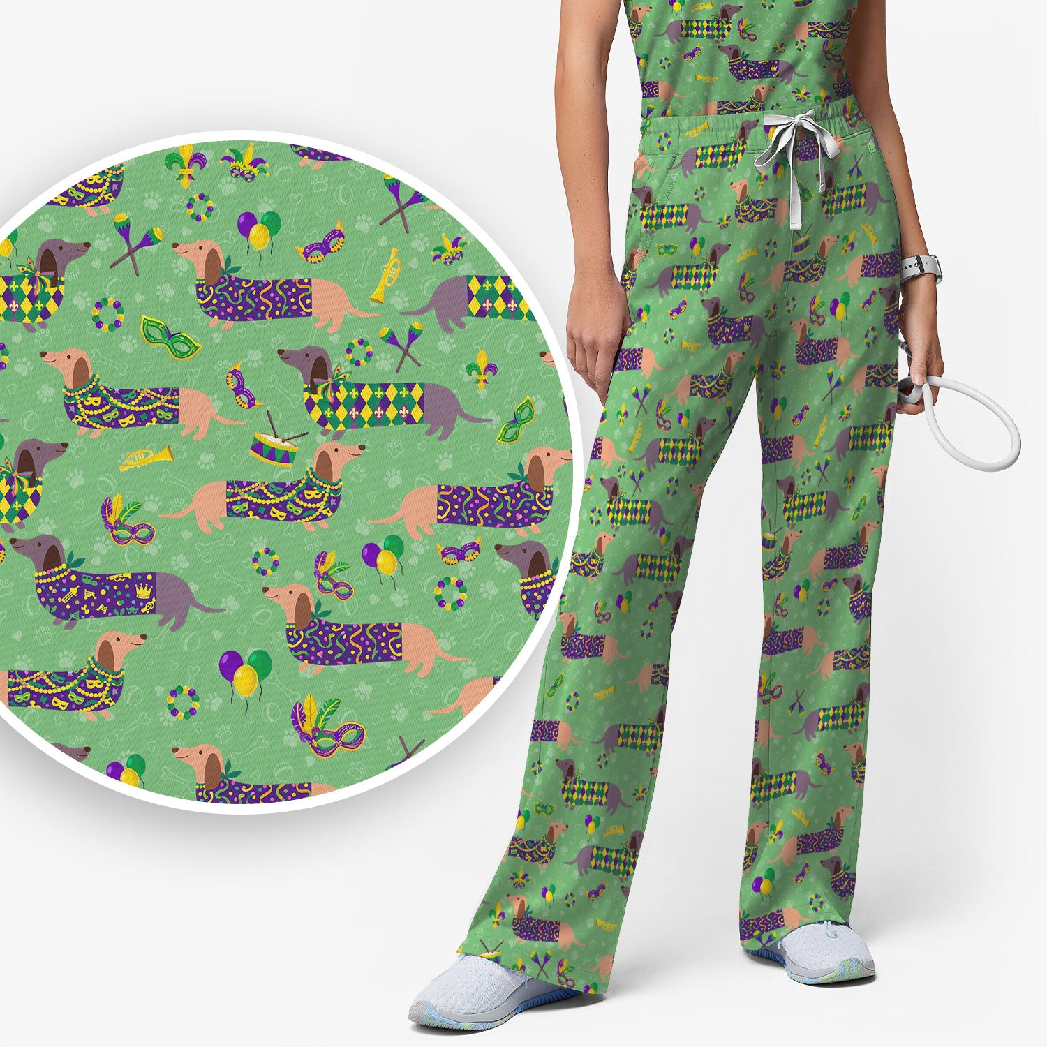 Mardi Gras Dachshund Nurse Scrub Set, Wiener Dog Holiday Pattern Nurses Shirt, Comfortable Uniform Scrubs For Nursing