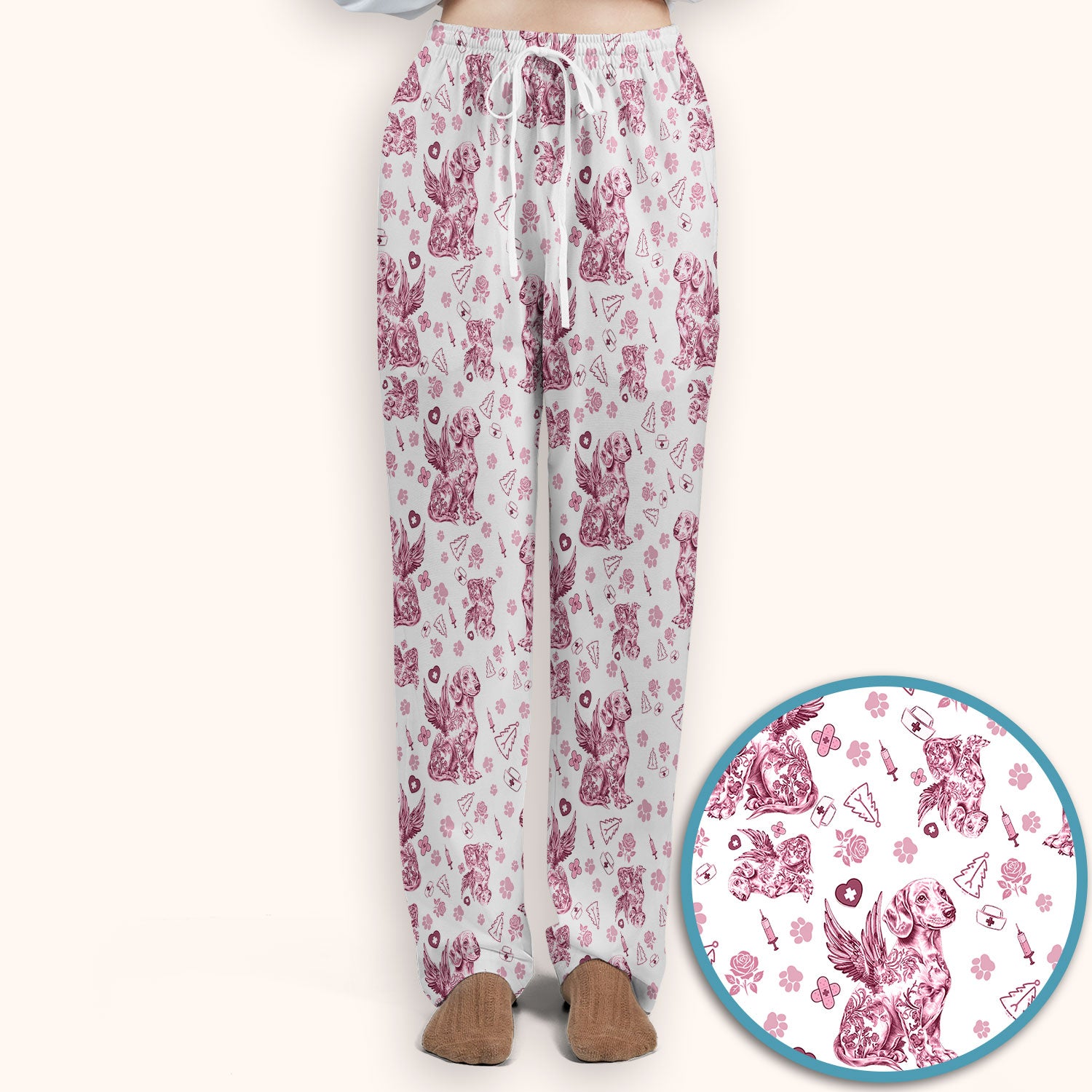 Toile de Jouy Dachshund Angel Scrub Set - Blue Vintage Wiener Dog Scrubs Pants and V Neck Top - Memorial Puppy Gift