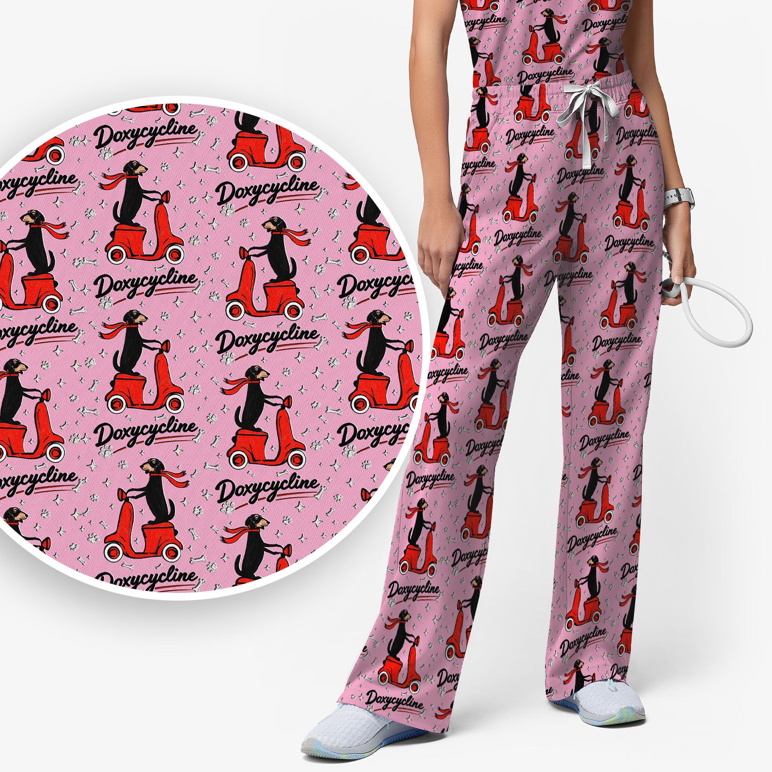 Funny Dachshund Riding Scooter Doxycycline Print Scrub Set, Breathable Med Uniform