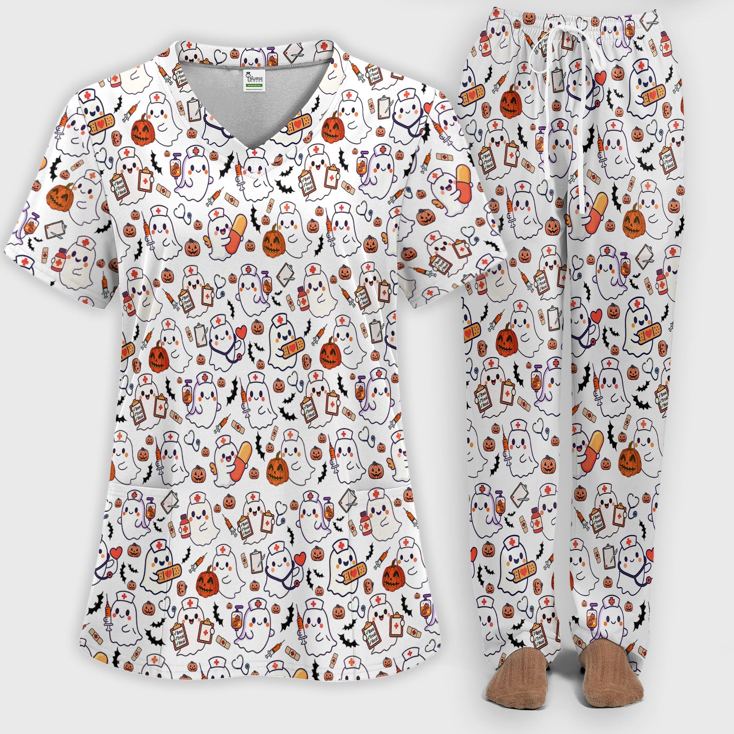 Women's Scrub Sets Halloween Gift - Comfortable Scrubs for Nurses - Pumpkin Ghost Scrub Pants and V Neck Top