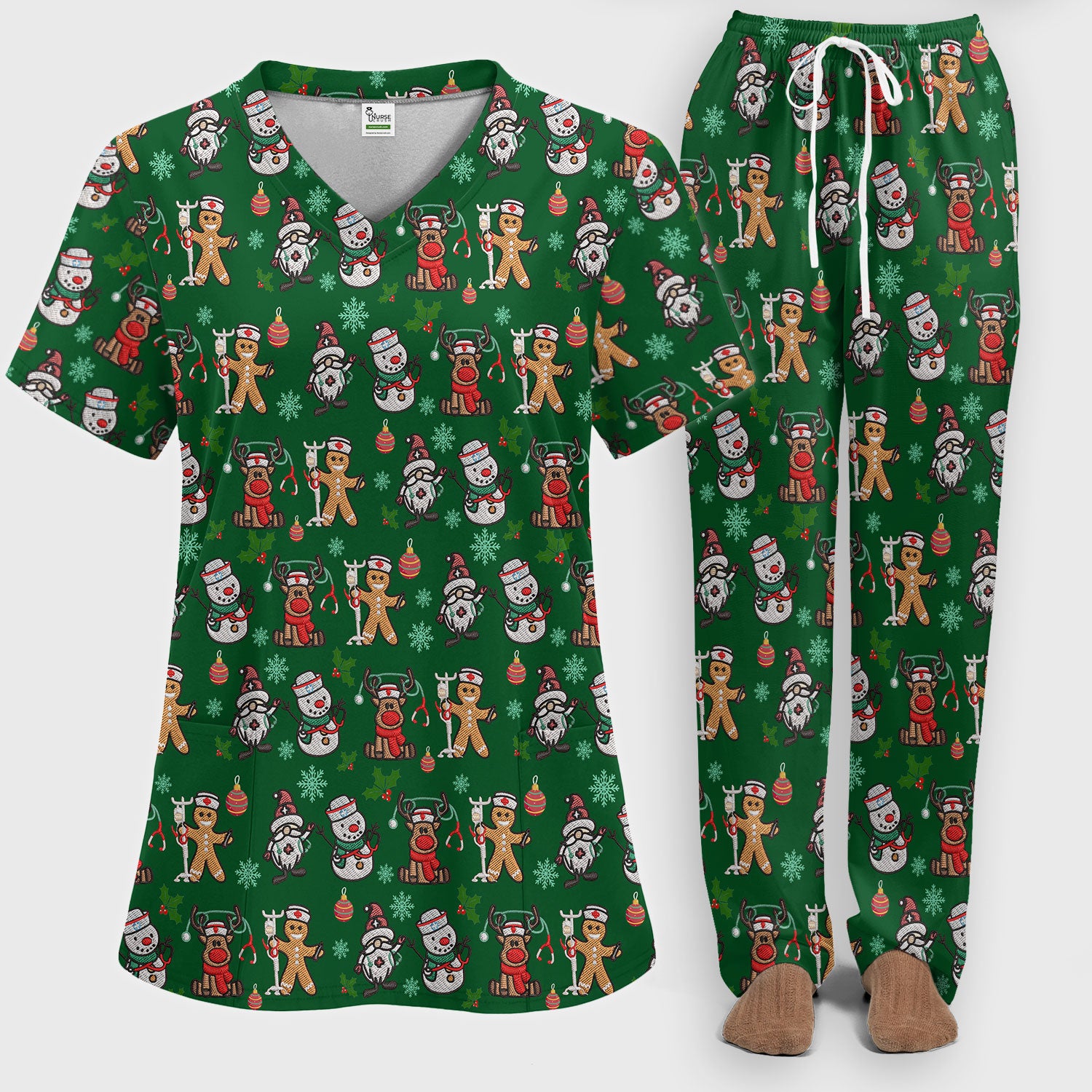Reindeer Christmas Women's Scrub Sets - Gingerbread Cookies and Santa Claus Medical Uniform - Comfortable Scrubs for Nurses