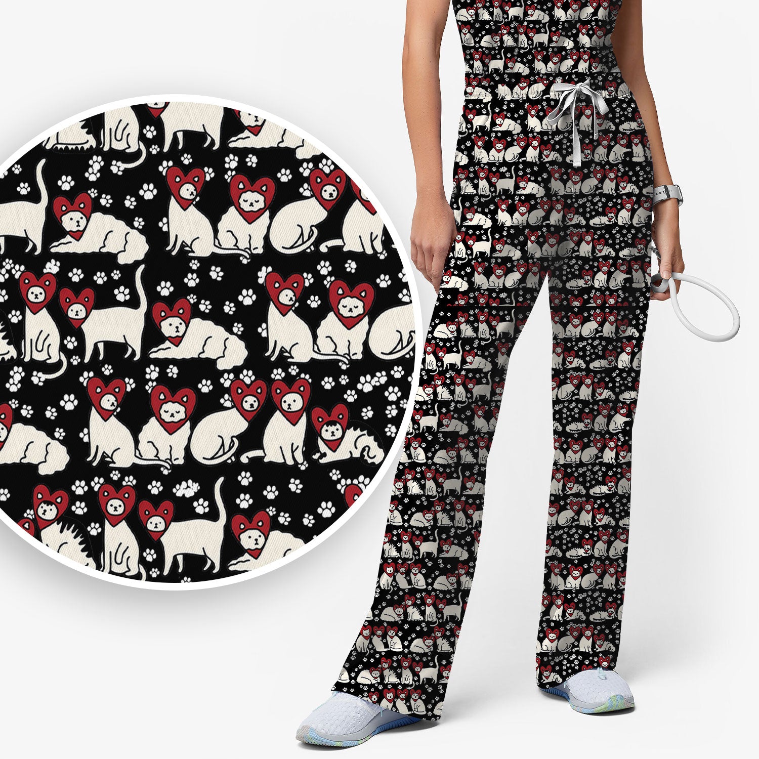 Cute Cat Heart Pattern Scrub Set, Funny Cat Scrub Shirt For Nurses, Breathable Fabrics Nursing Uniform