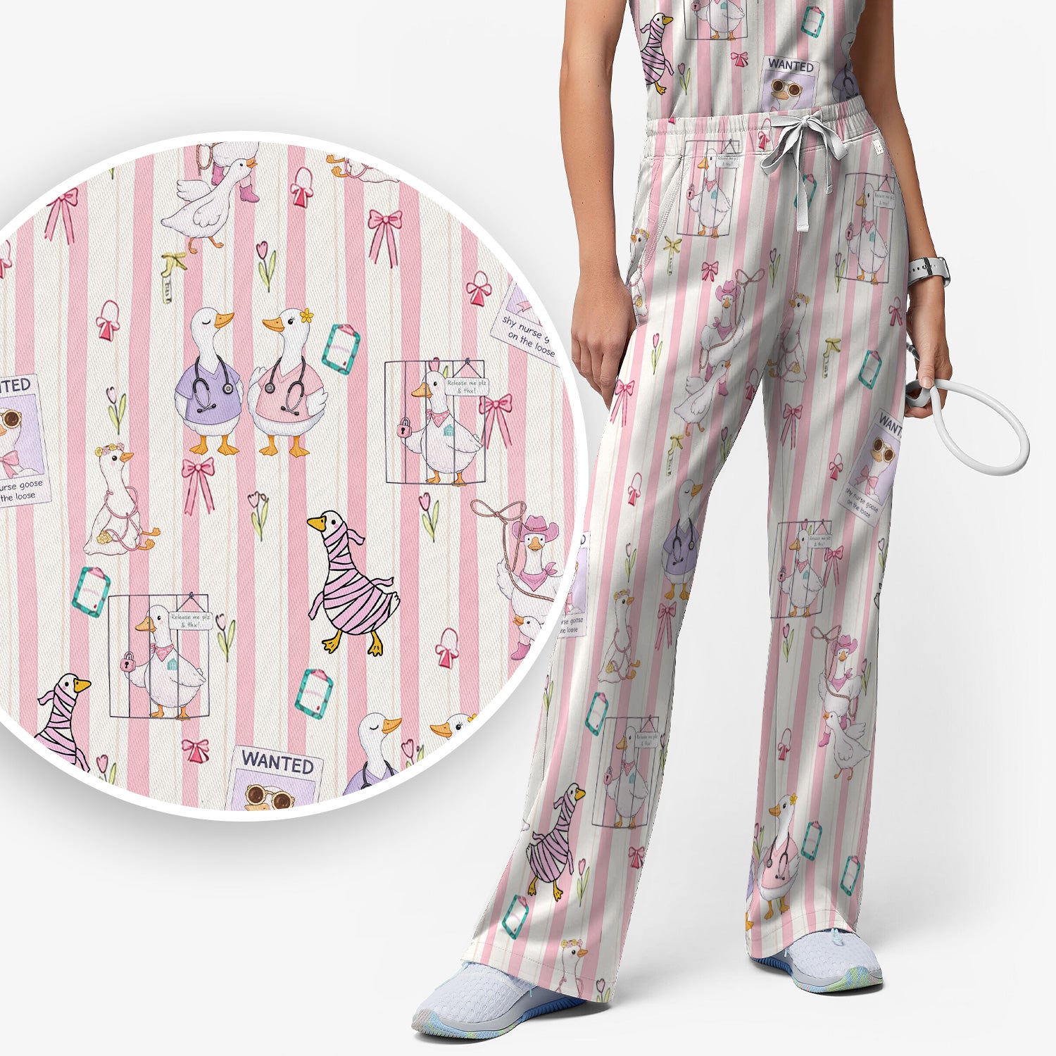 Cute Nurse Duck Stripe Pattern Scrub Set, Scrub Pants and V Neck Top