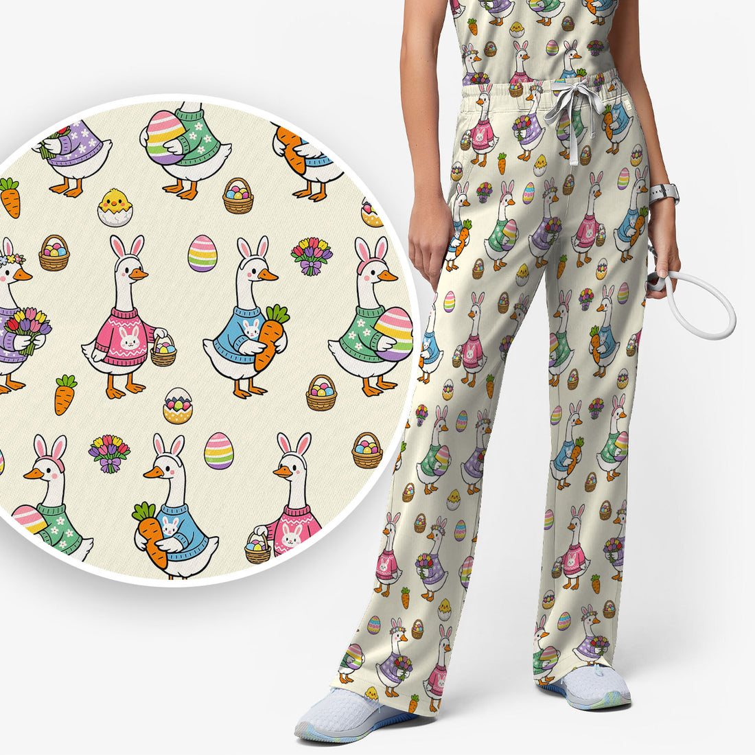 Cute Easter Goose Print Scrub Set, Breathable Med Uniform