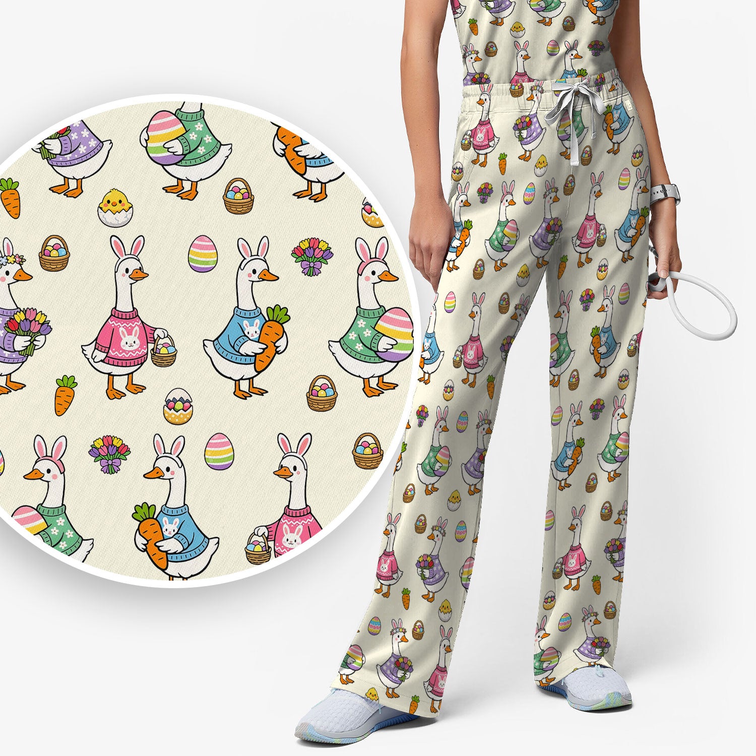 Cute Easter Goose Print Scrub Set, Breathable Med Uniform