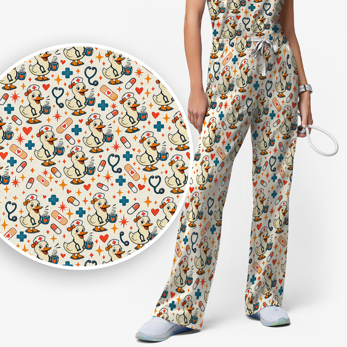Cute Nurse Duck With Coffee Scrub Set, Scrub Pants and V Neck Top
