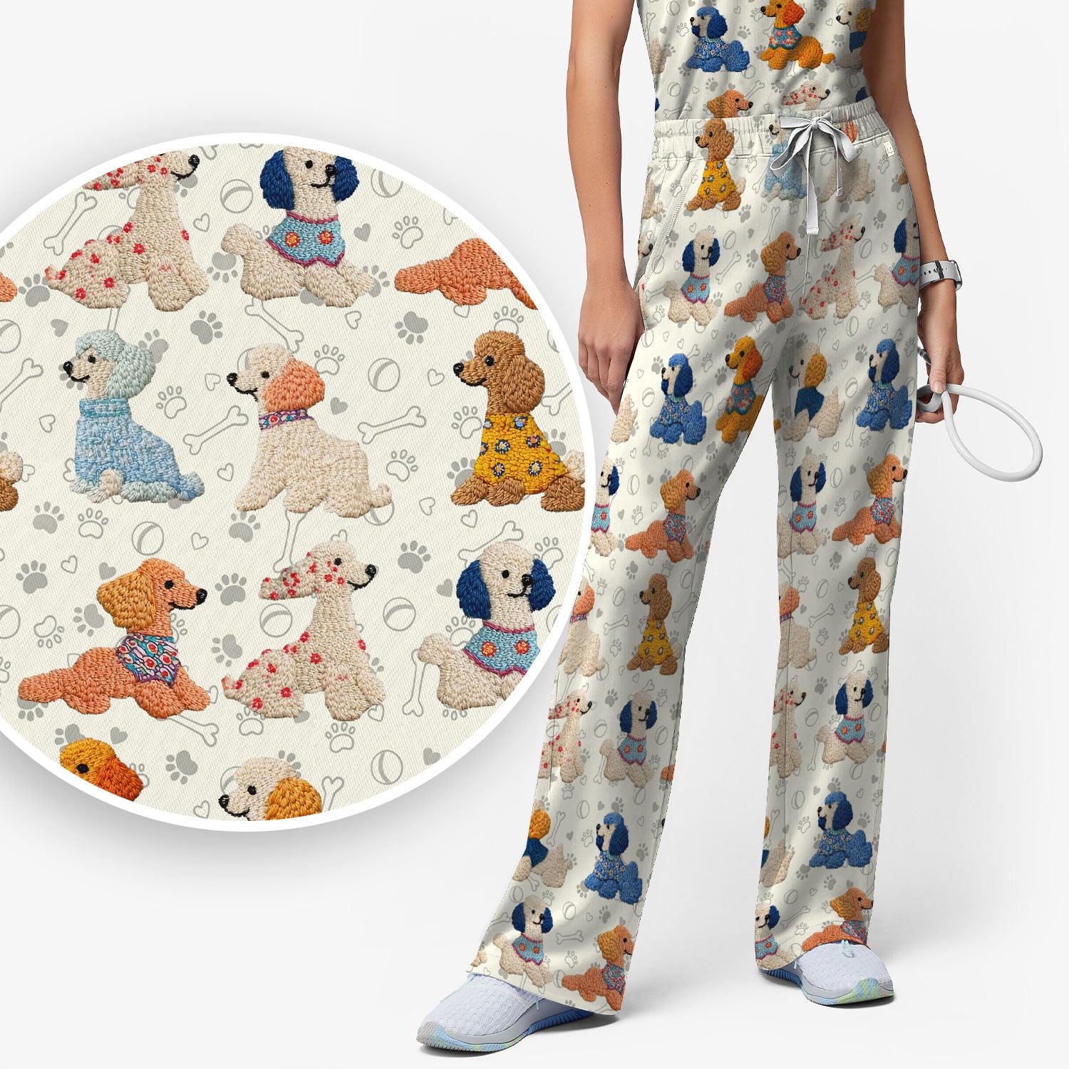 Cute Colorful Poodle Pattern Scrub Set, Scrub Pants and V Neck Top