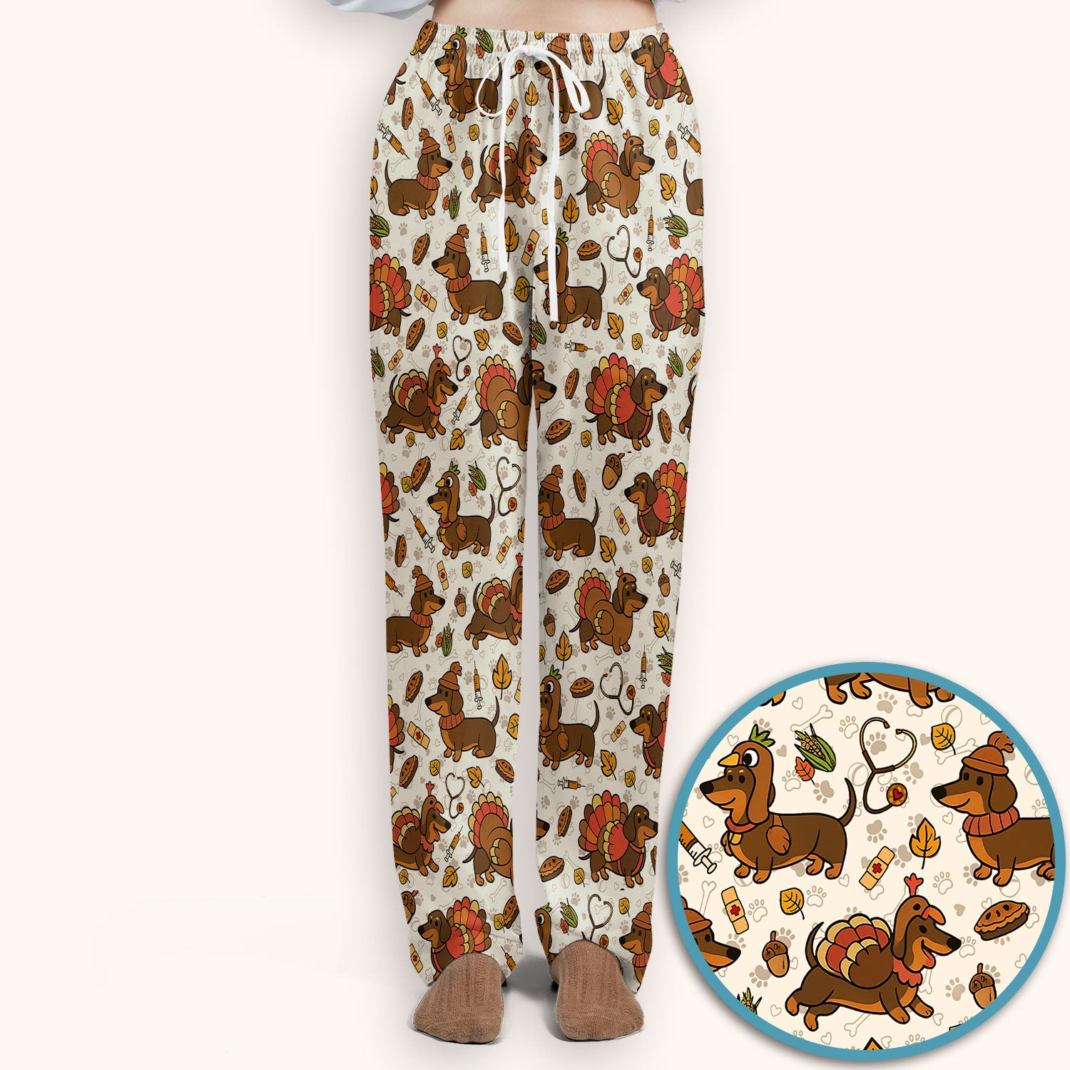 Thanksgiving Wiener Dog Scrub Set - Funny Dachshund Turkey Scrubs Pants and V Neck Top - Fall Winter Gift for Women