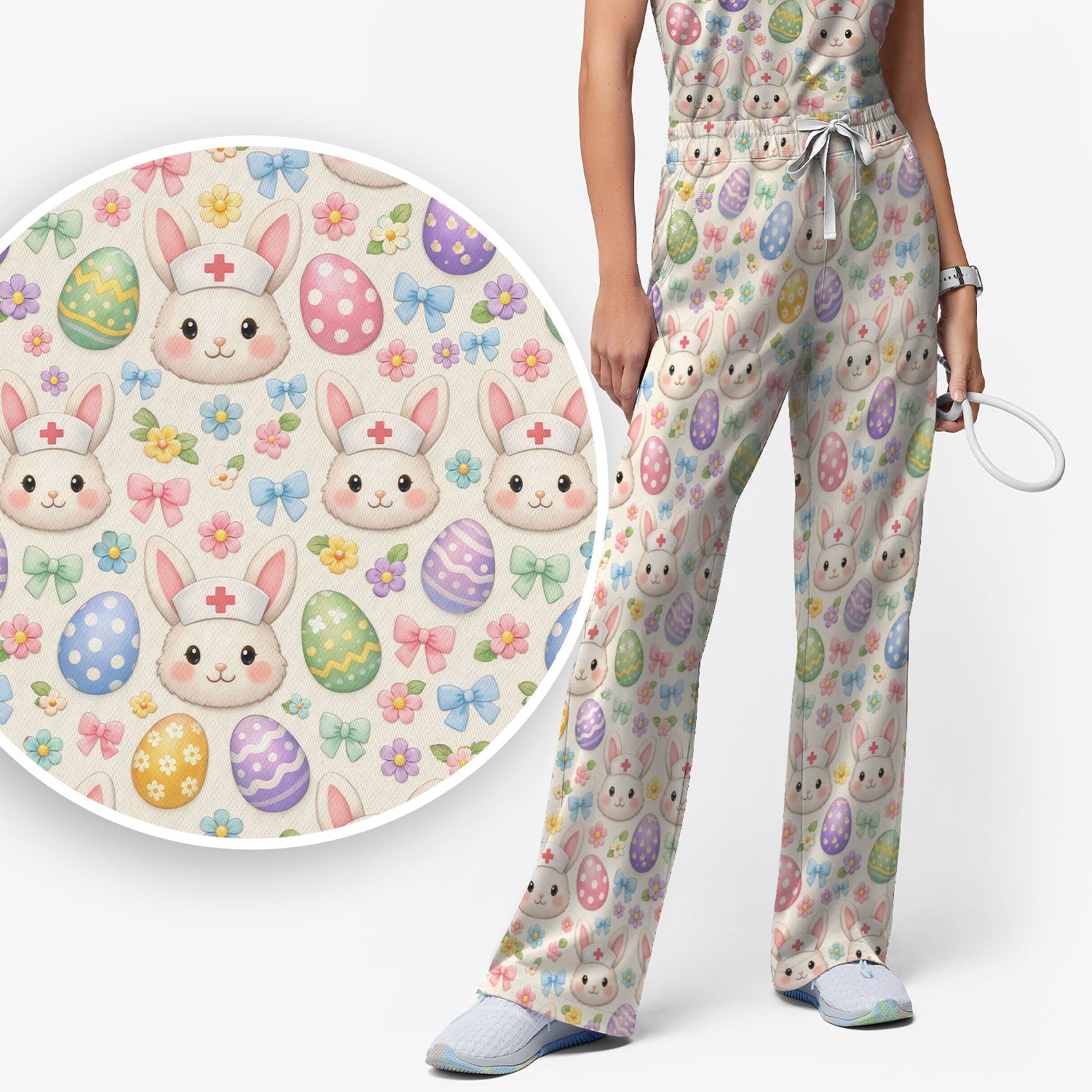 Cute Easter Nurse Bunny Egg Scrub Set, Scrub Pants and V Neck Top