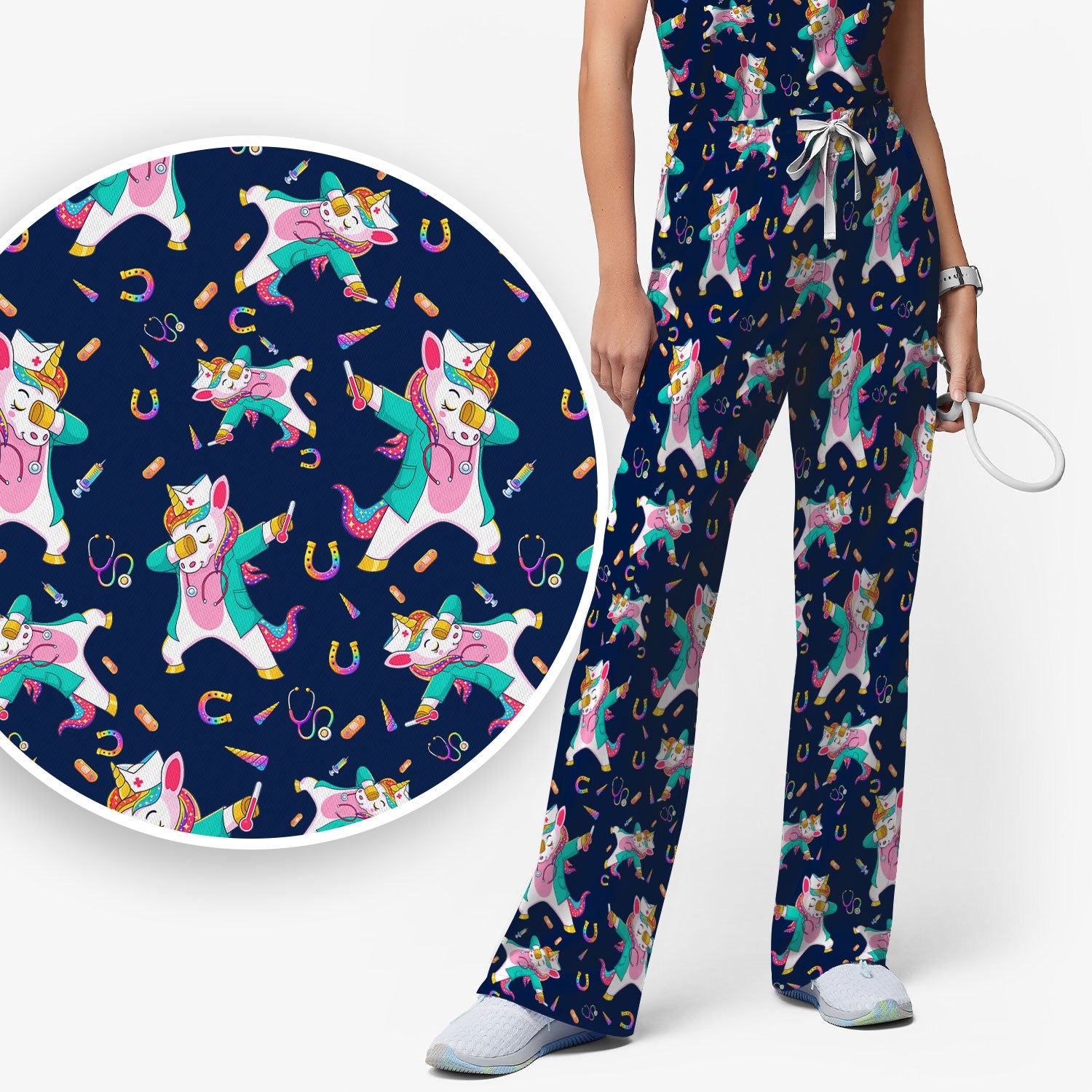Cute Unicorn Nurse Dance Pattern Women's Sets, Scrub Pants and V Neck Top