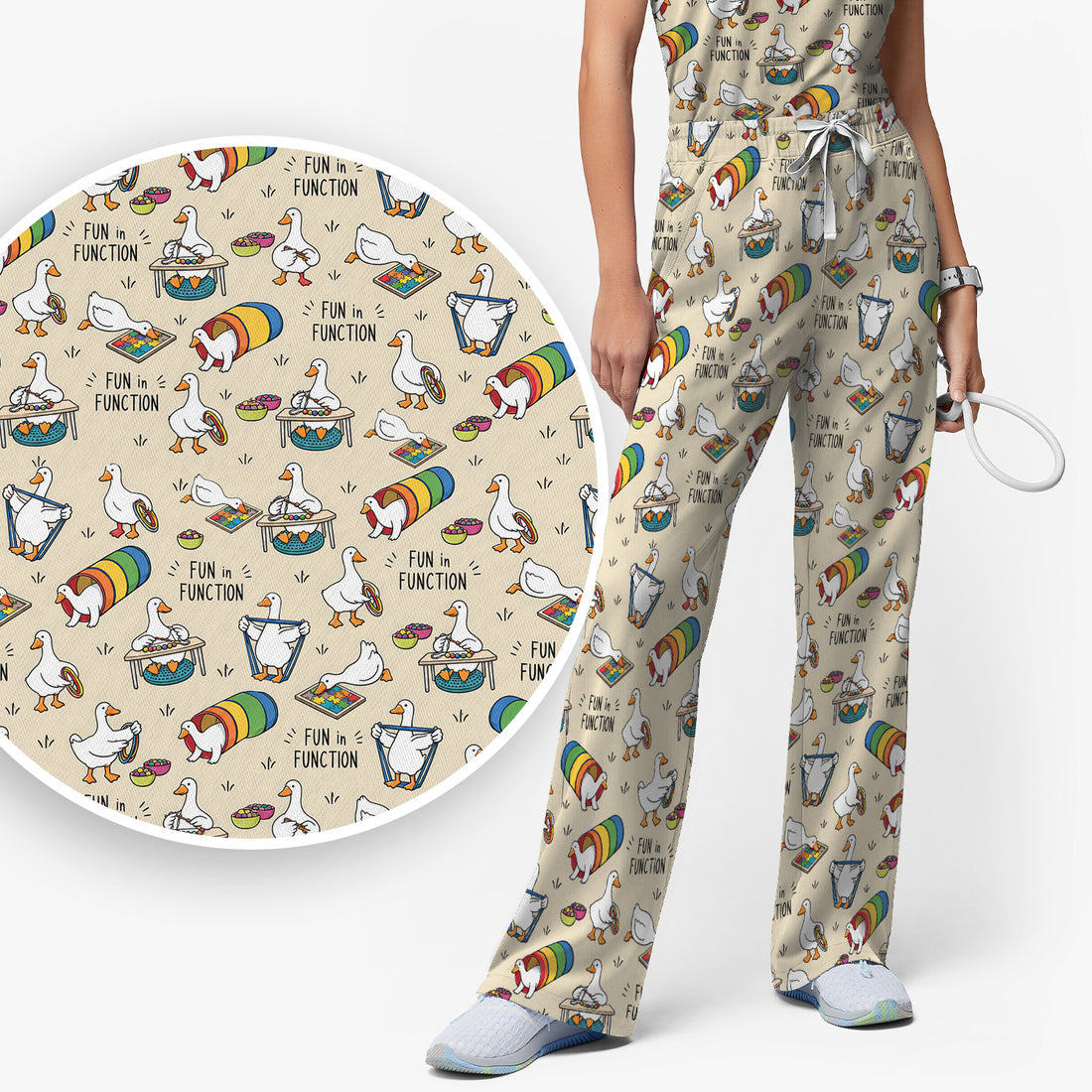 Fun In Function Occupational Therapy Duck Scrub Set, Scrub Pants and V Neck Top