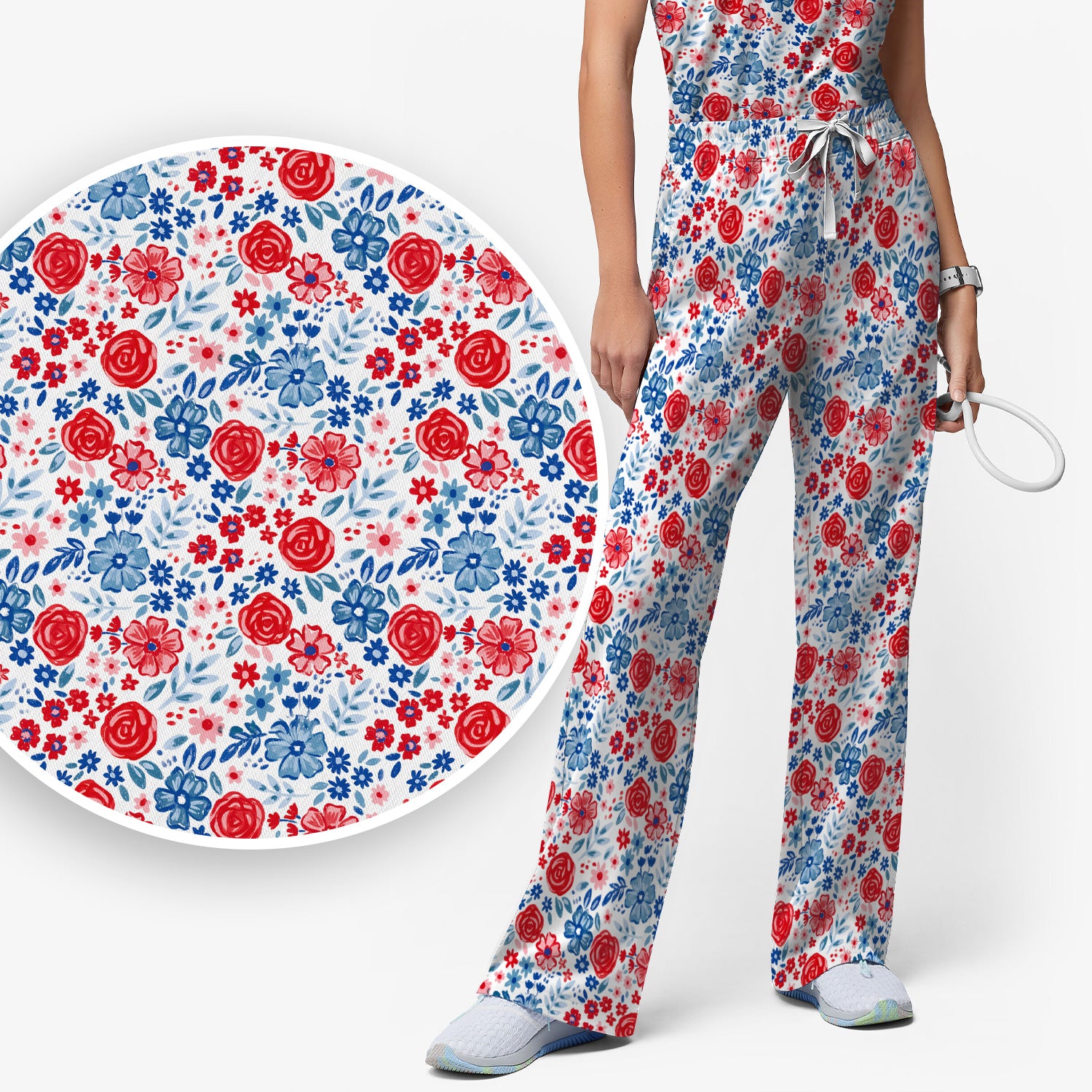 Red Blue Floral Garden Blossom Pattern Scrub Set, Scrub Pants and V Neck Top