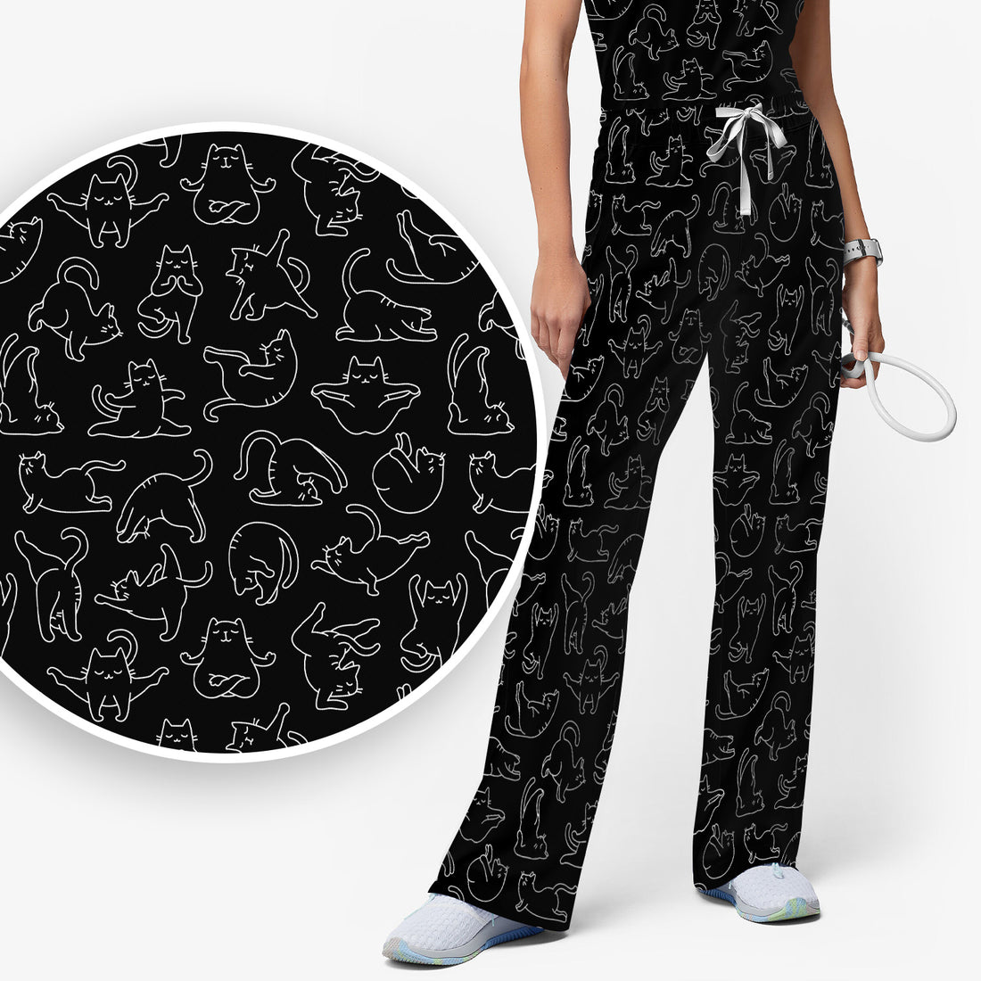 Cute Cat Outline Playing Pattern Scrub Set, Scrub Pants and V Neck Top