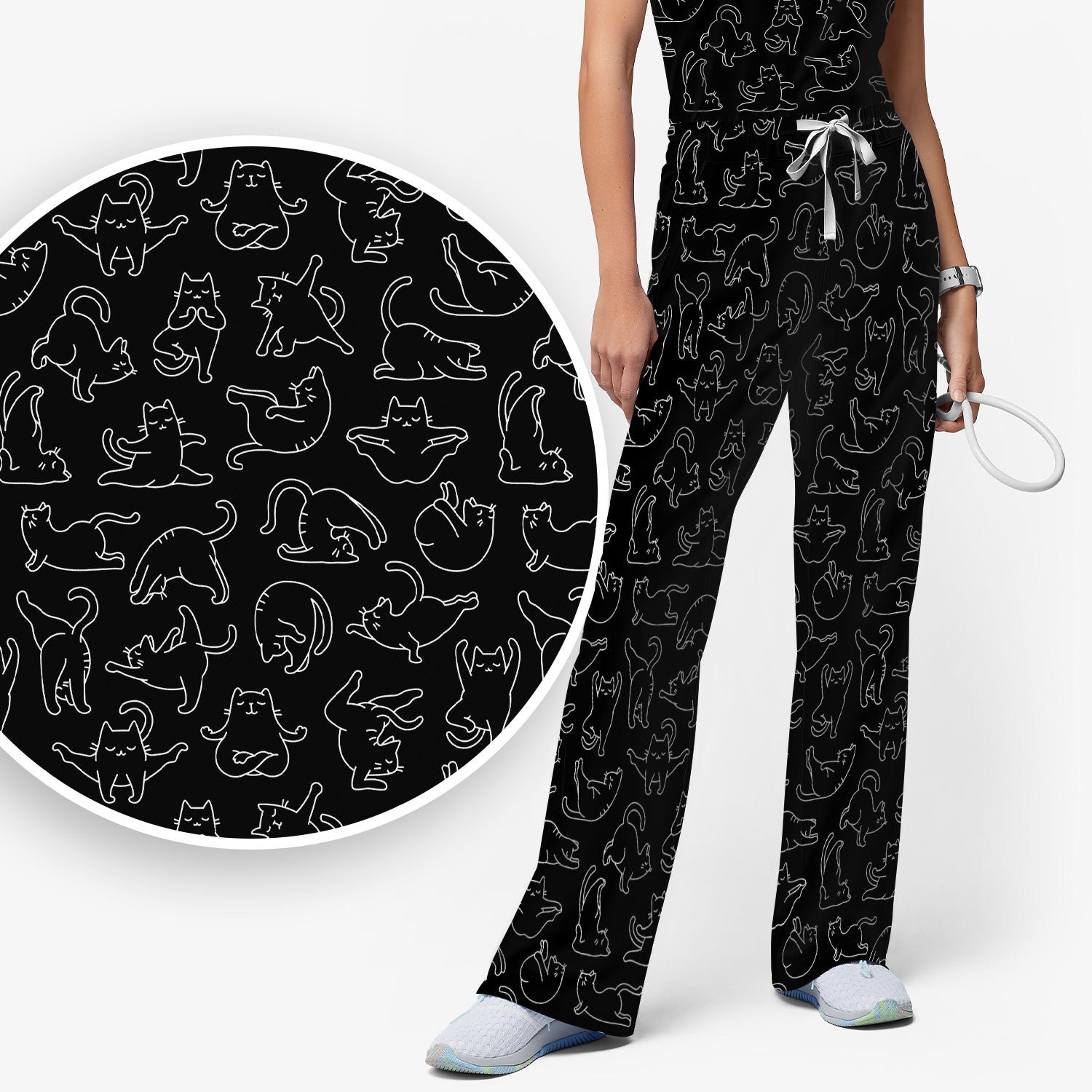 Cute Cat Outline Playing Pattern Scrub Set, Scrub Pants and V Neck Top