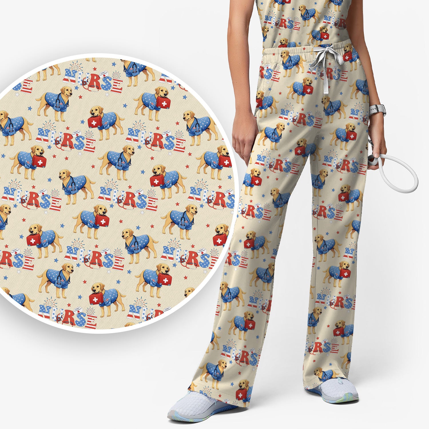 Patriotic Nurse Dog Medical Pattern Pattern Scrub Set, Women's Scrub Sets