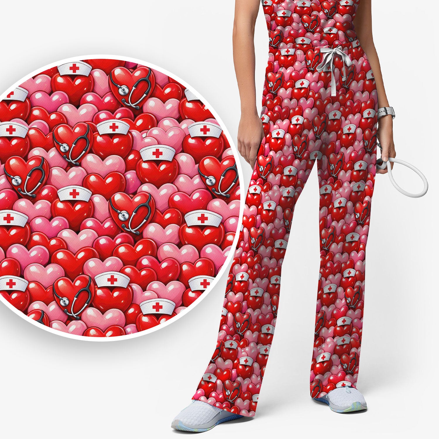 Valentine Pattern Nurse Scrub Set, Heart With Stethoscope Love Medical Shirt For Women, Breathable Fabrics Nursing Uniform