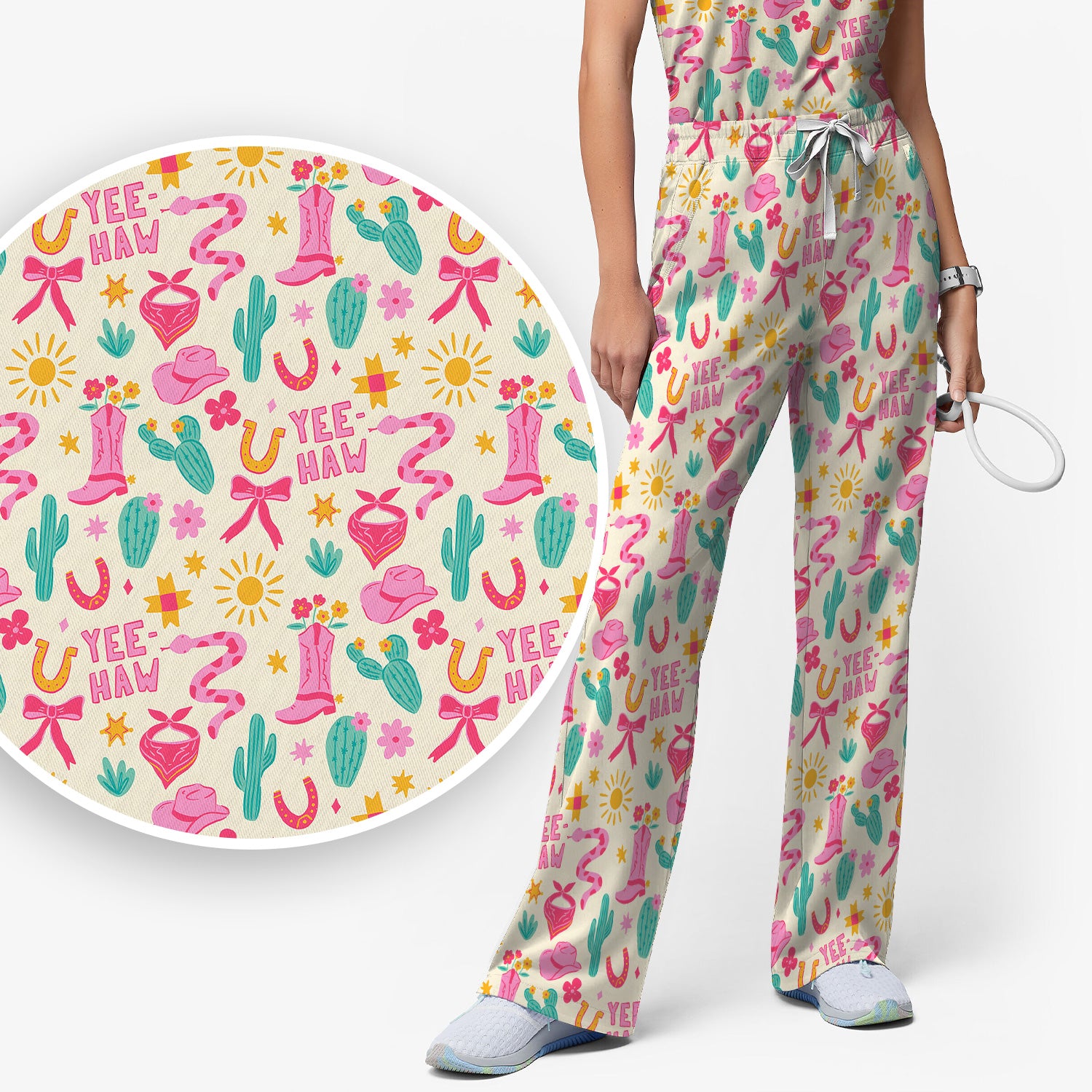 Pink Western Cowgirl Nurse Pattern Scrub Set, Scrub Pants and V Neck Top