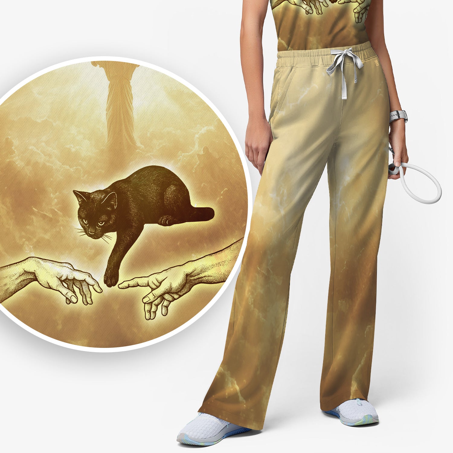 Golden Angel Cat Art Medical Scrub Set V Neck Nursing Uniform