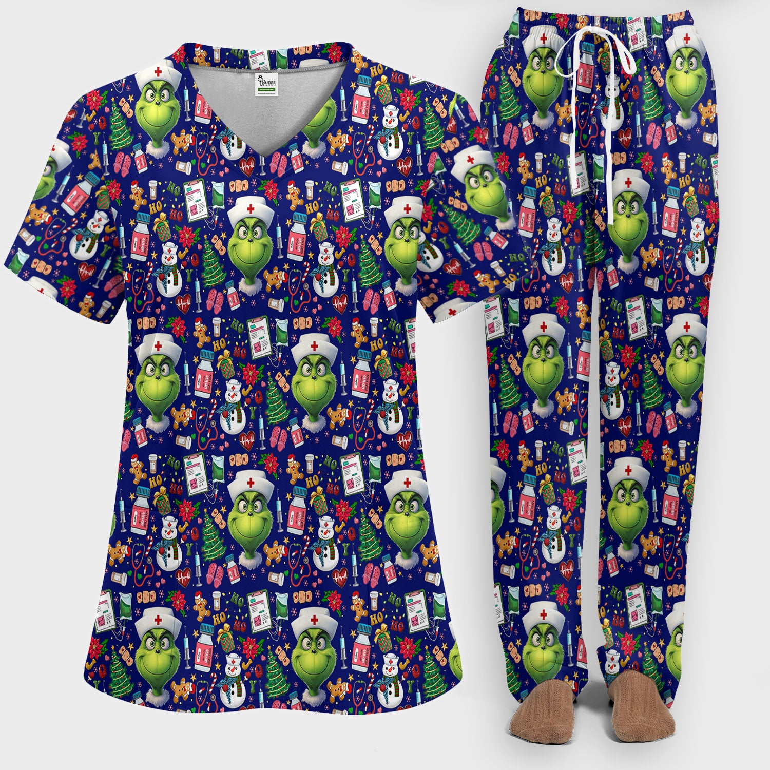 Funny Grinch Scrub Set for Women - Christmas Medical Uniform Top and Pants - Holiday Ugly Sweater Comfortable Nursing Outfit
