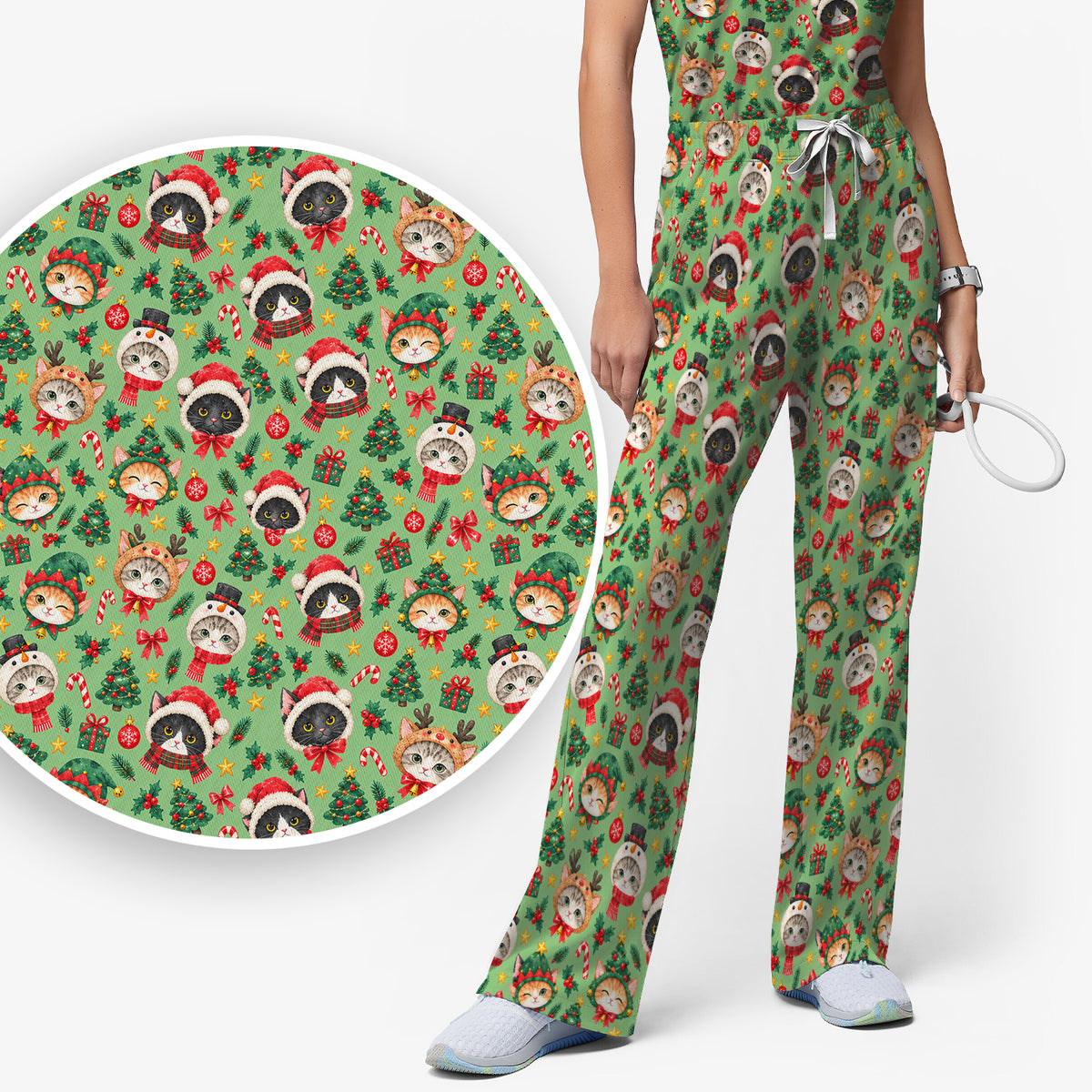 Christmas Cats And Trees Pattern Scrub Set, Scrub Pants and V Neck Top