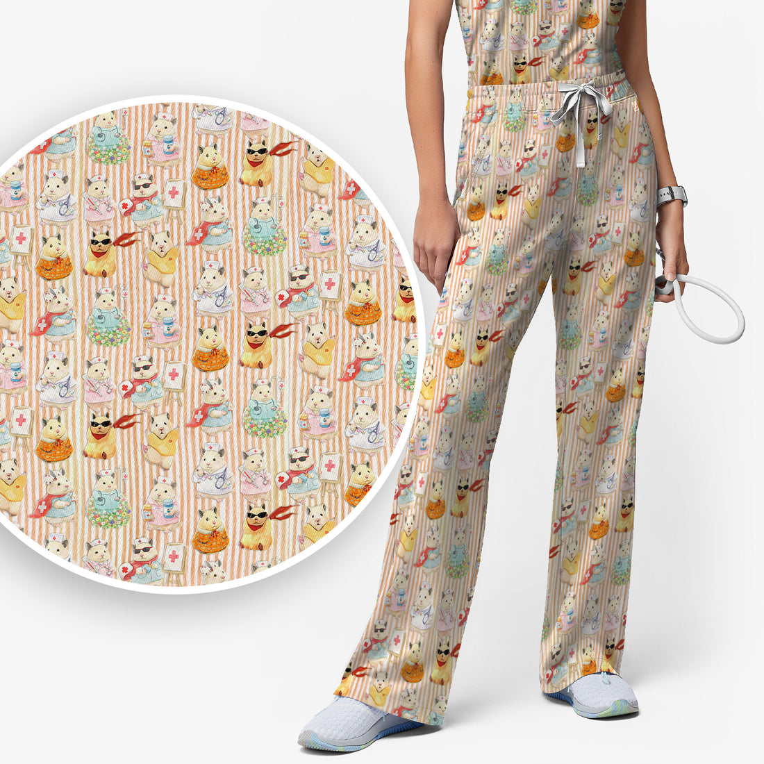 Cute Nurse Hamster Pattern Scrubs Sets, Scrub Pants and V Neck Top