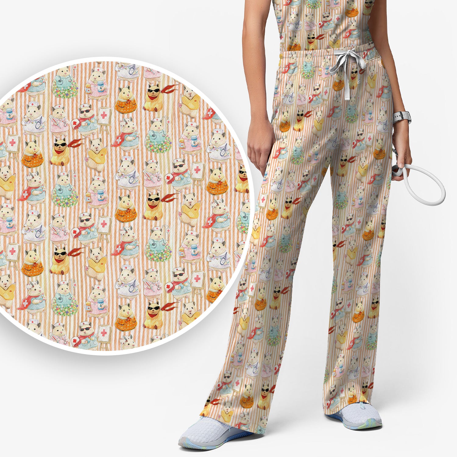 Cute Nurse Hamster Pattern Scrubs Sets, Scrub Pants and V Neck Top