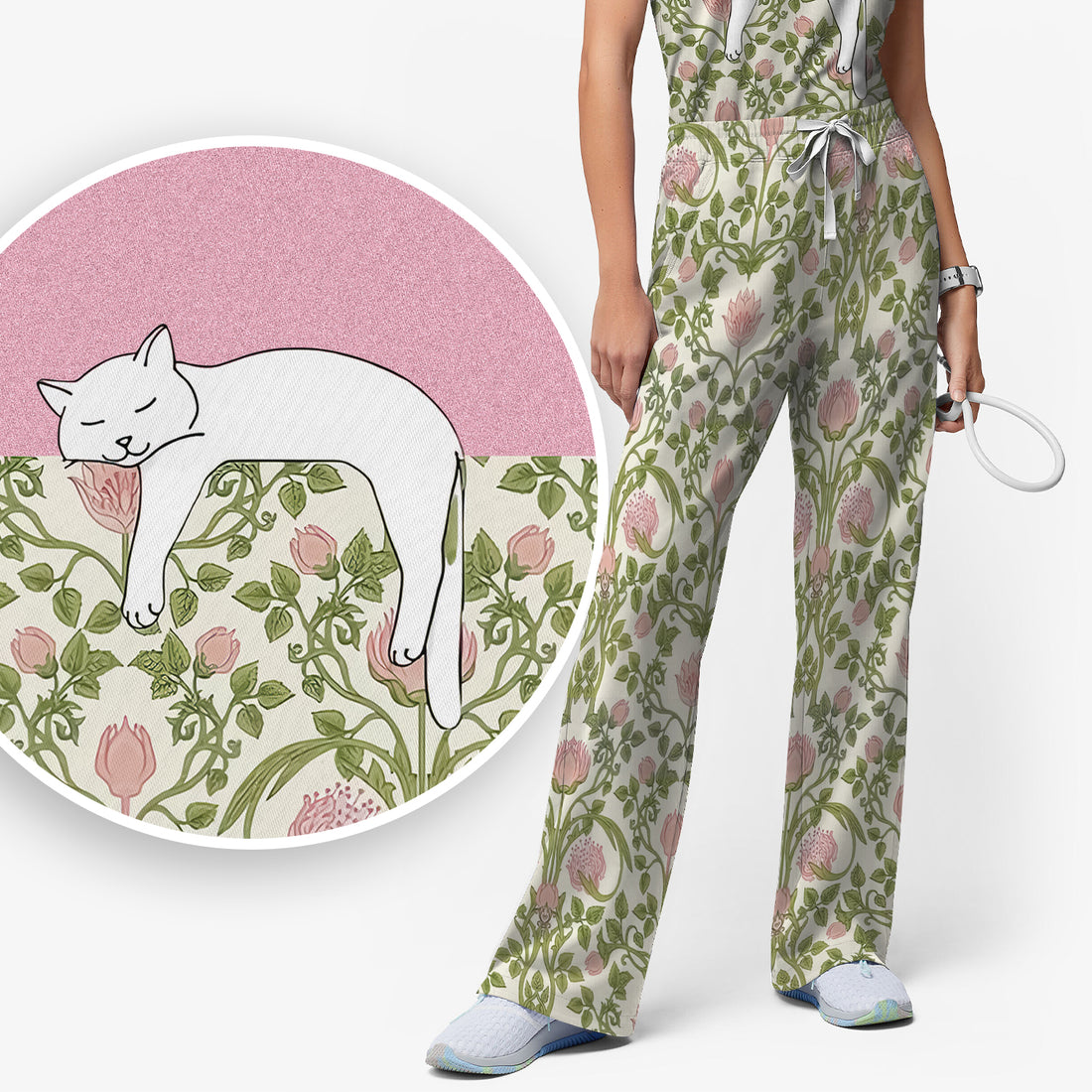 Personalized Cat Nurse Scrub Set, Custom Name Floral Scrub Shirt For Women, Breathable Fabrics Nursing Uniform