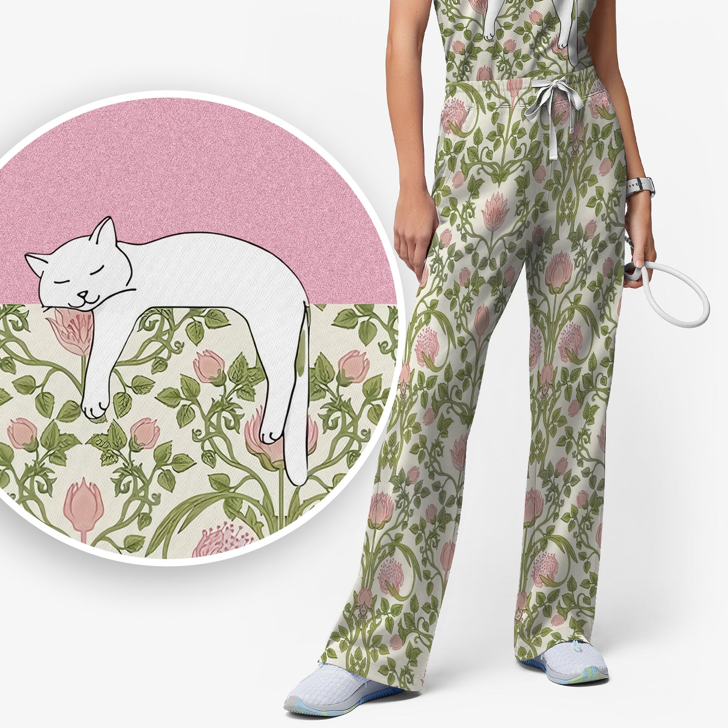Personalized Cat Nurse Scrub Set, Custom Name Floral Scrub Shirt For Women, Breathable Fabrics Nursing Uniform