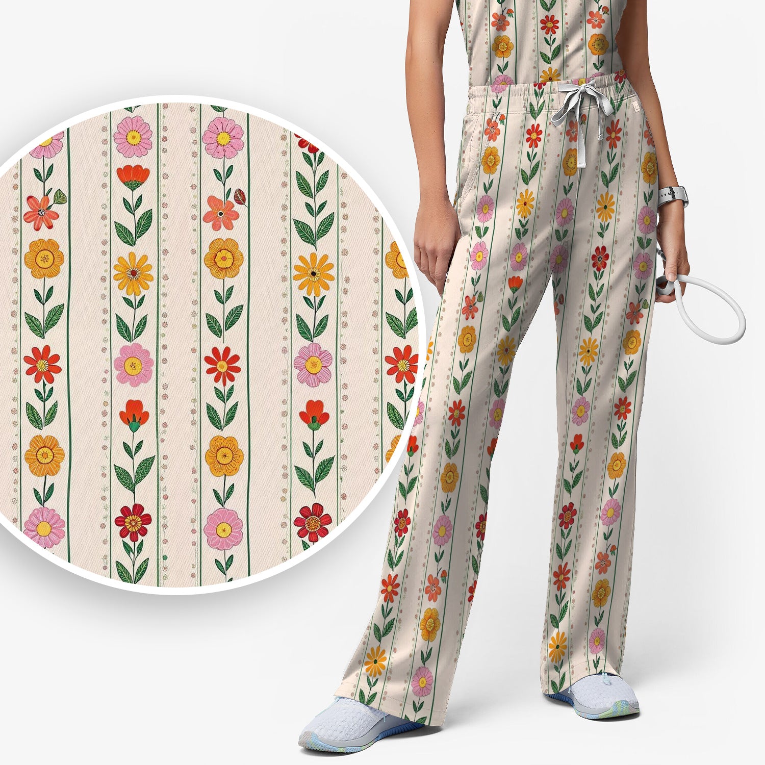 Retro Floral Stripe Print Scrub Set, Scrub Pants and V Neck Top