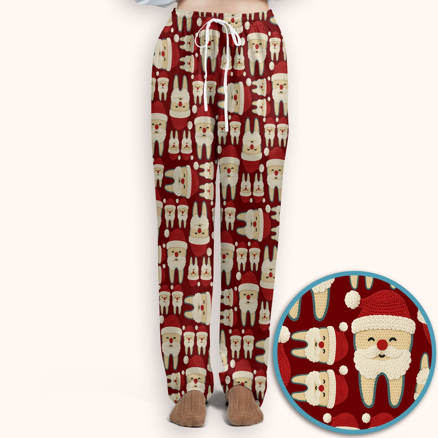 Christmas Tooth Scrub Set - Cute Santa Tooth Pattern for Dentists & Hygienists - Crochet Style Holiday Medical Uniform for Women