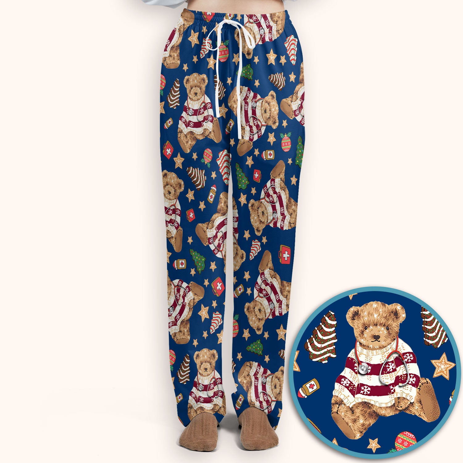 Teddy Bear Christmas Scrub Set - Festive Scrubs Pants and V Neck Top for Women - Gift for Nurses RN CNA LPN