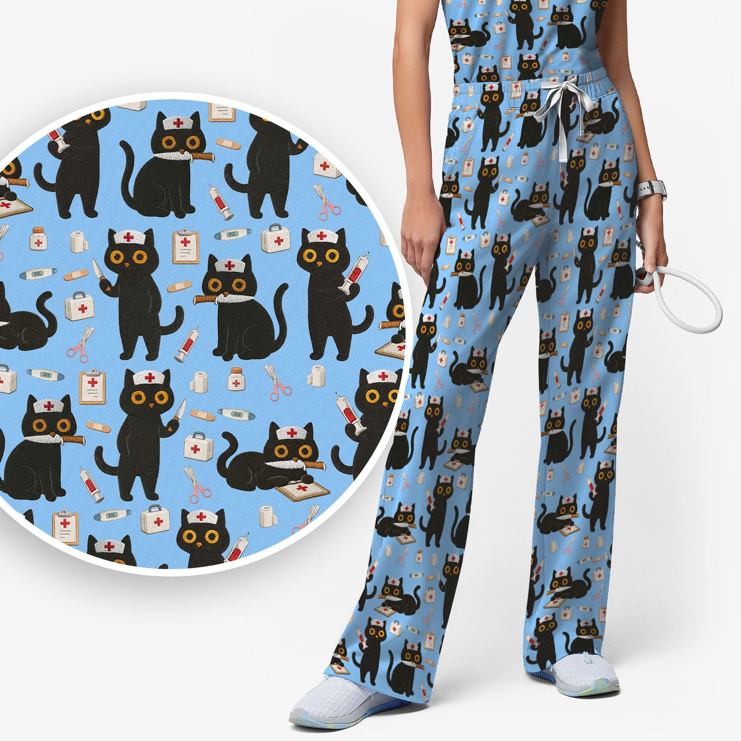Cute Black Cat Nurse Pattern Women's Scrub Set, Breathable Med Uniform