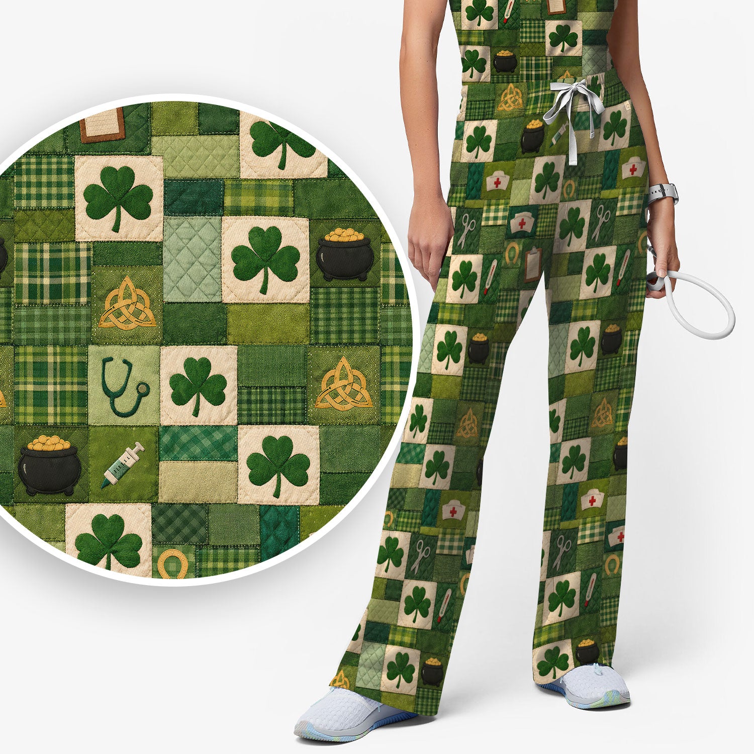 St Patrick Medical Patchwork Shamrock Scrub Set, Scrub Pants and V Neck Top