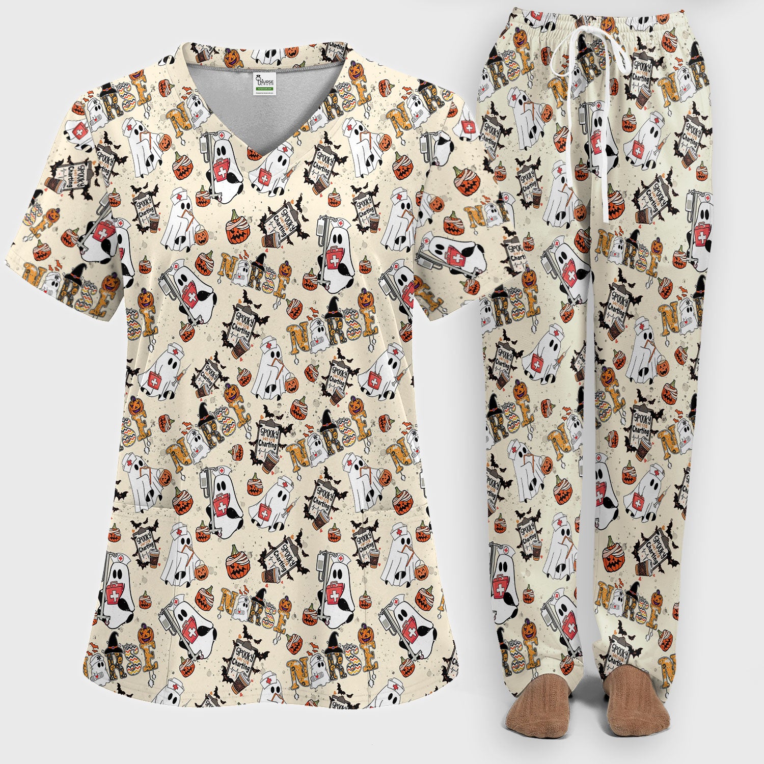 Halloween Women's Scrub Sets - Spooky But Still Charting Boo Nurse - Funny Scrub Pants and V Neck Top - Breathable Med Uniform
