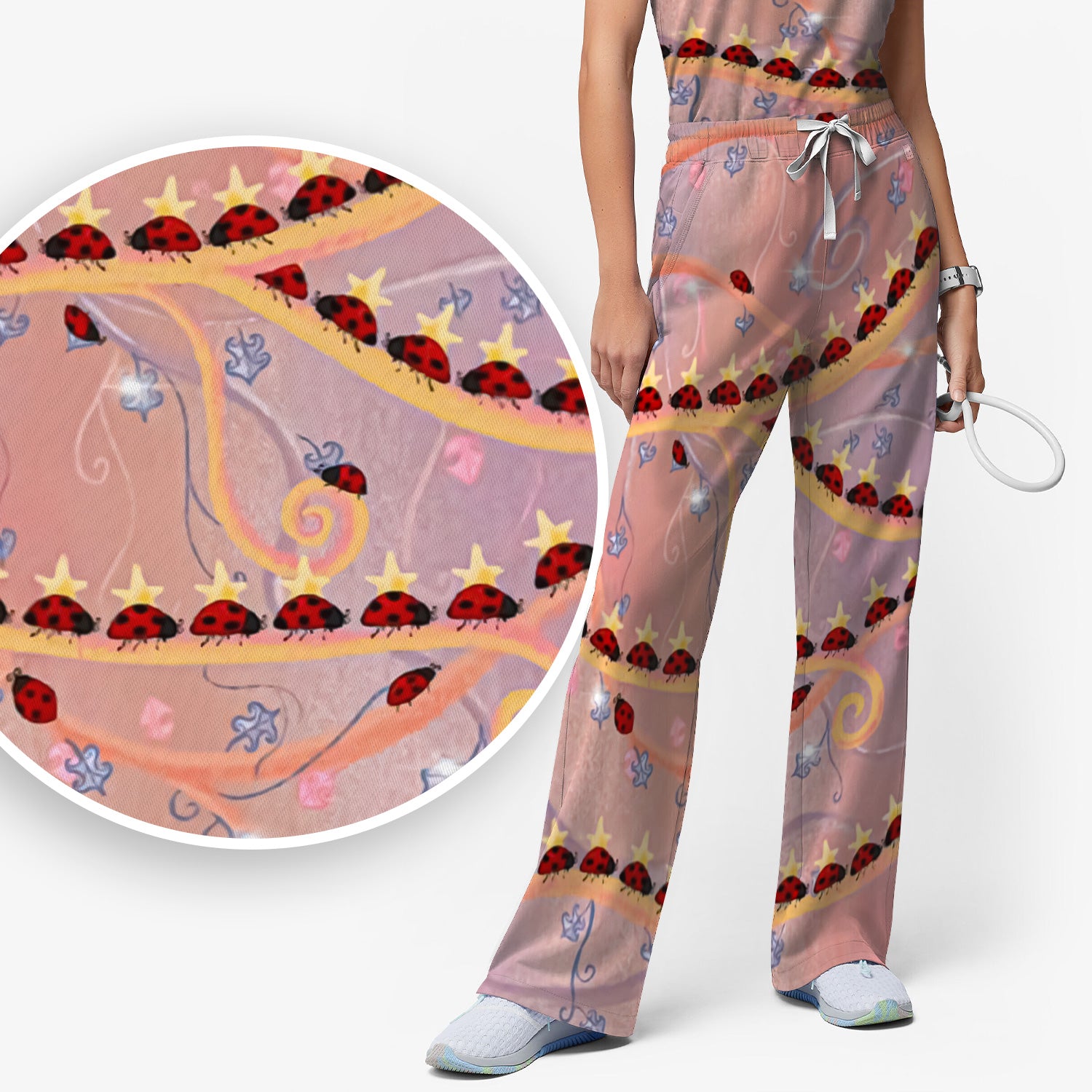 Cute Ladybug Star Vine Swirl Pattern Scrub Set, Scrub Pants and V Neck Top
