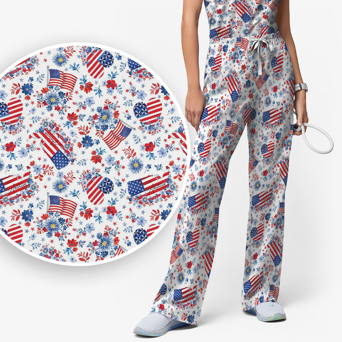 Festive American Flag Heart Floral Pattern Scrub Set, Scrub Pants and V Neck Top