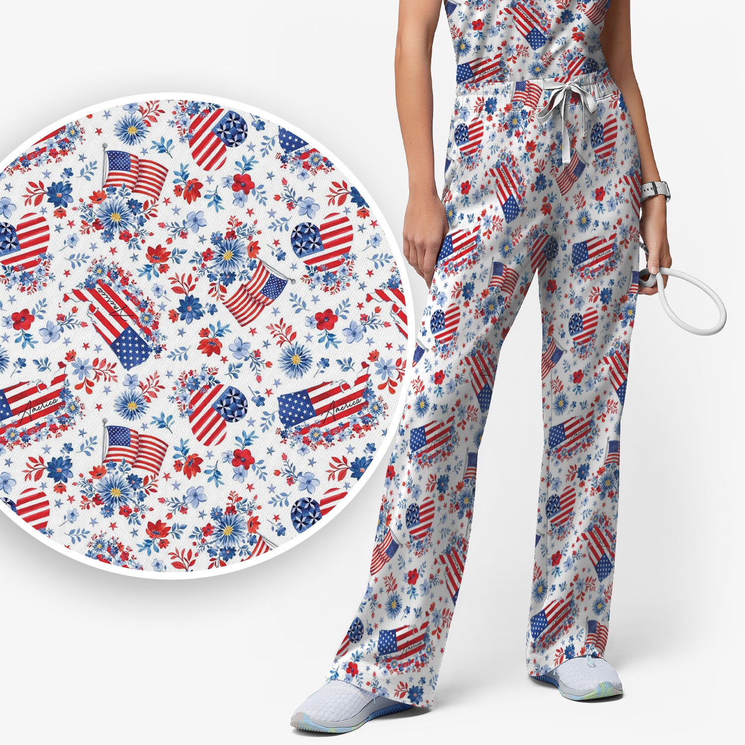 Festive American Flag Heart Floral Pattern Scrub Set, Scrub Pants and V Neck Top