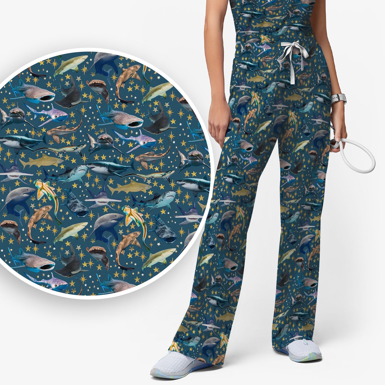 Colorful Shark Ocean Pattern Scrub Set, Women's Scrub Sets
