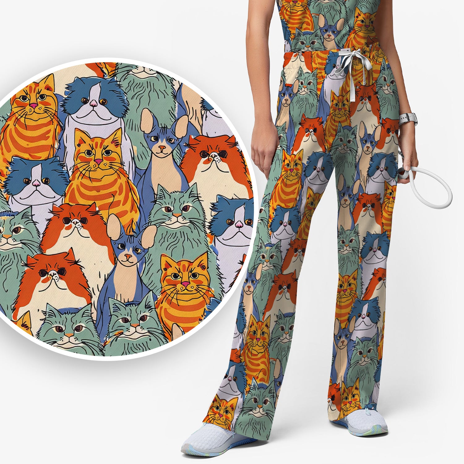 Cute Multicolor Cat Faces Illustration Pattern Scrub Set, Scrub Pants and V Neck Top
