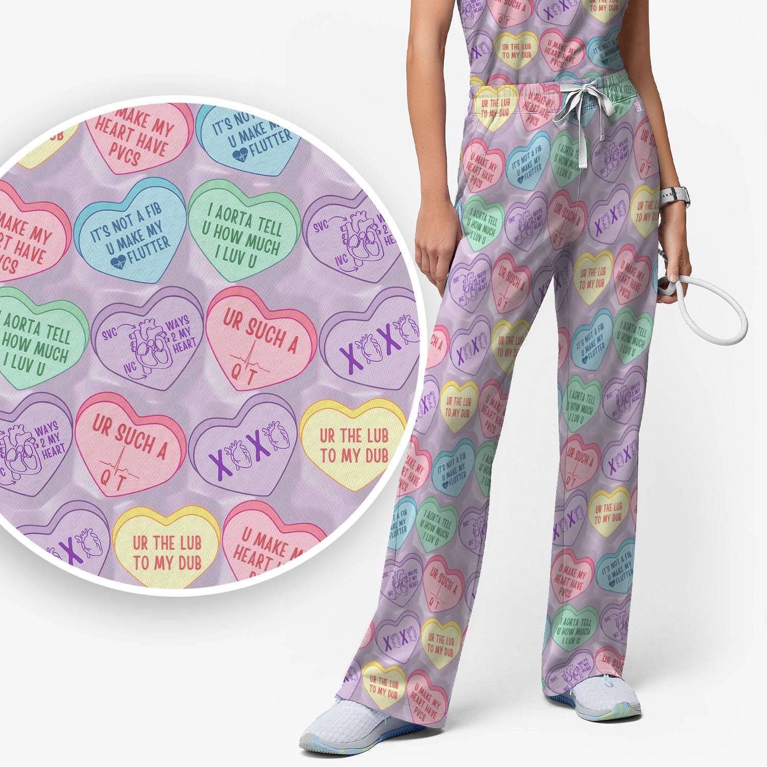 Medical Candy Heart Valentine Pattern Women’s Scrub Sets, Fun Medical Pattern, Breathable Med Uniform