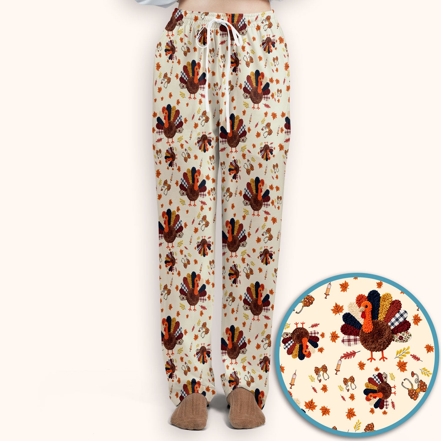 Funny Thanksgiving Nurse Scrub Sets - Fall Leaves and Pumpkin Scrub Pants and V Neck Top - Autumn Turkey Med Uniform