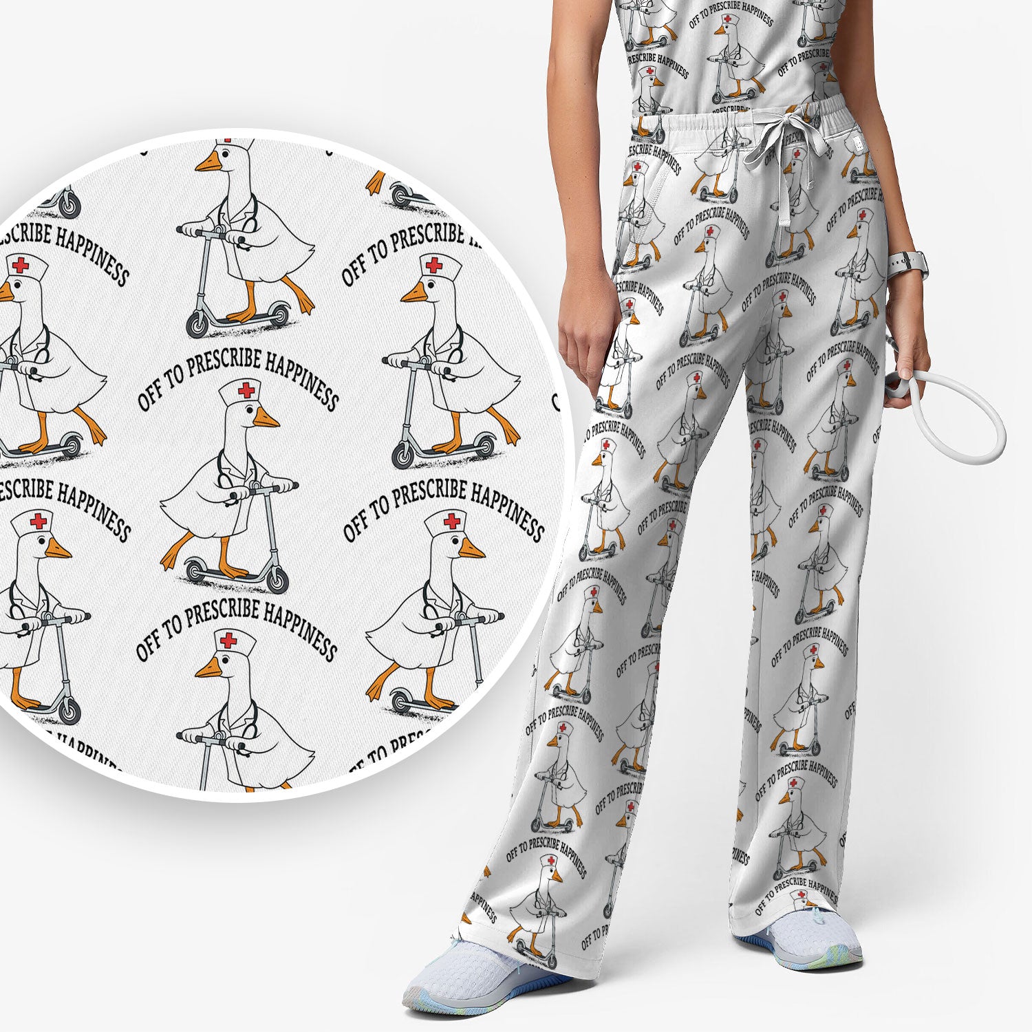 Nurse Goose Scooter Print Scrub Set, Breathable Med Uniform