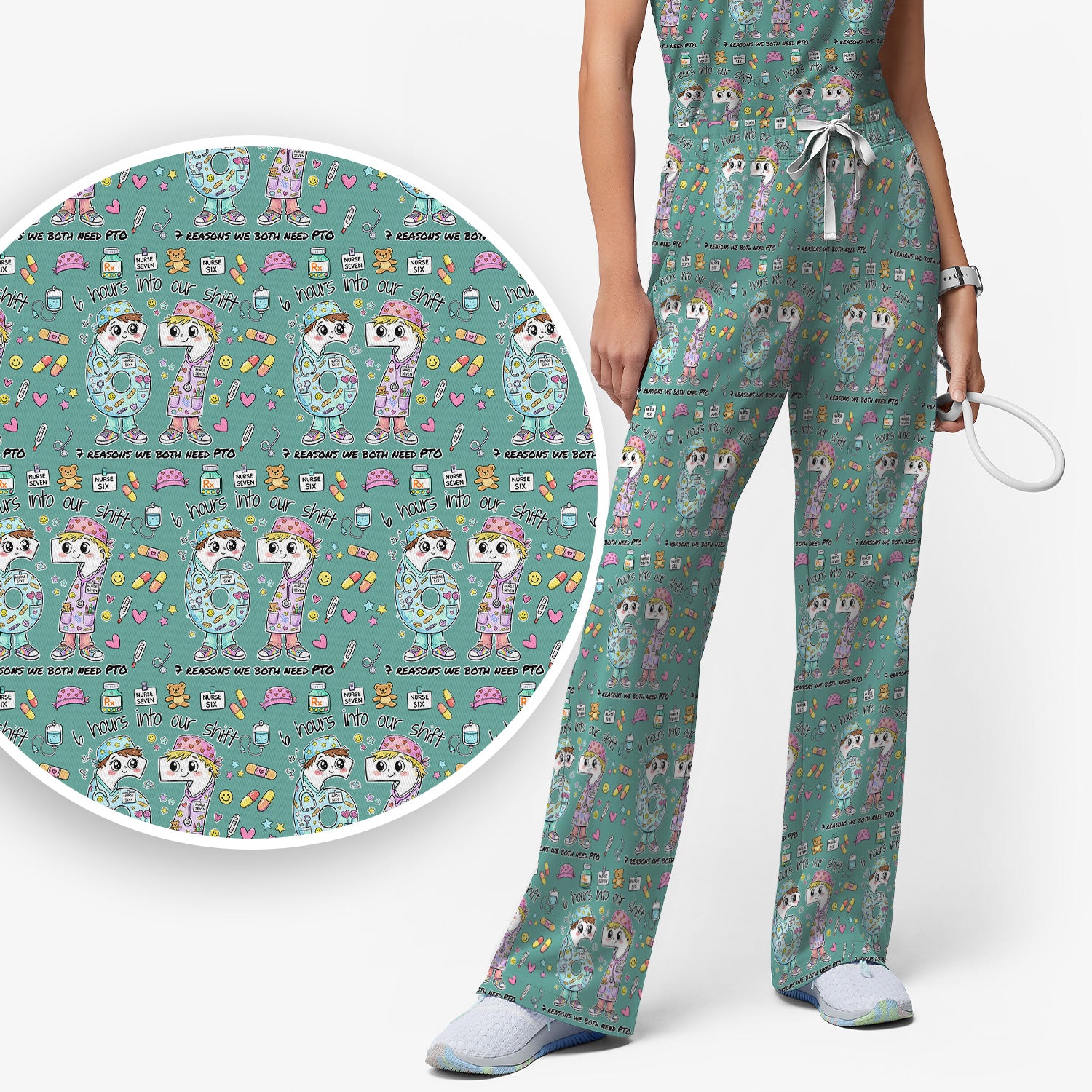 Cartoon Characters Six Hours Into Shift With Medical Doodle Scrub Set, Breathable Med Uniform